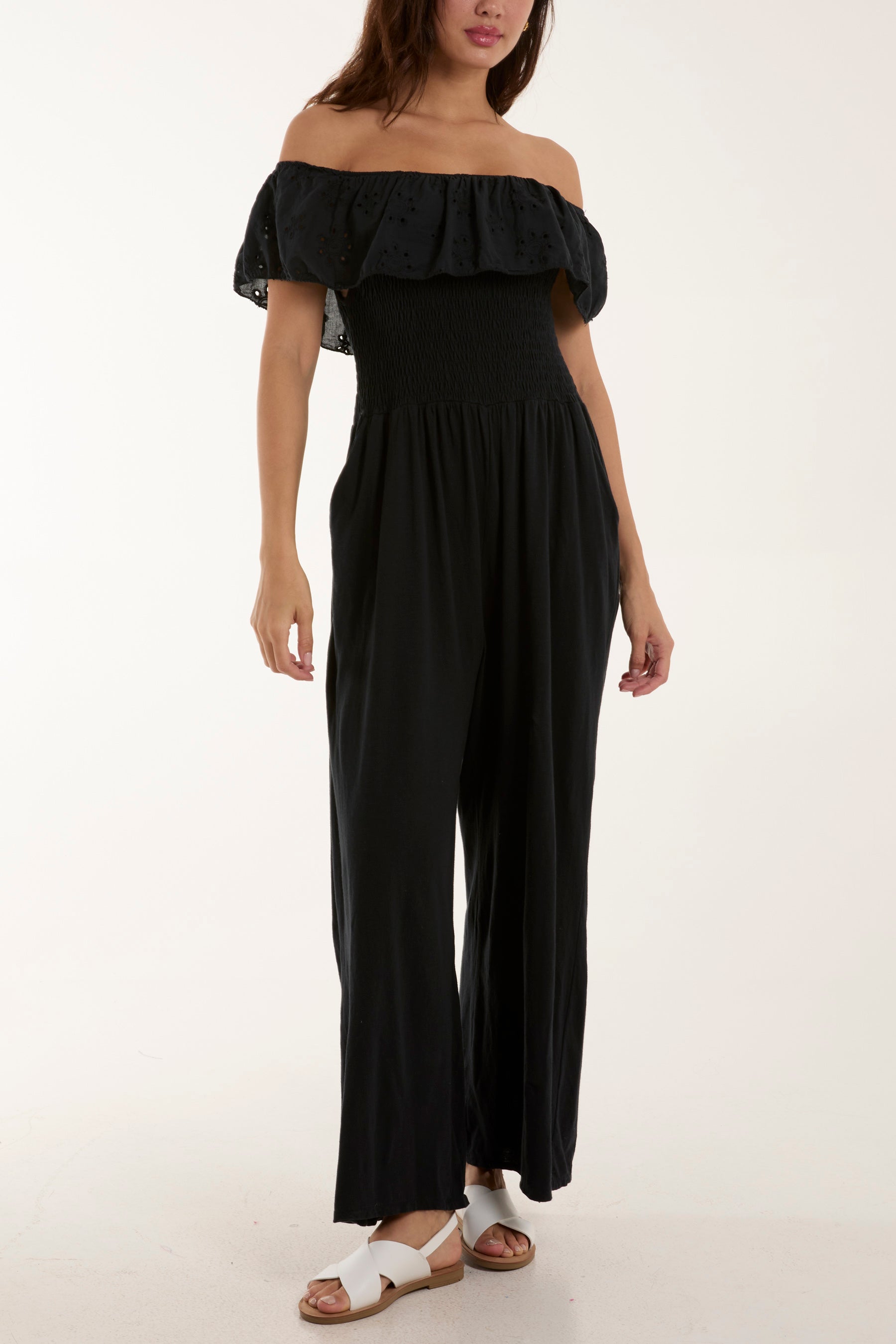 Broderie Anglaise Bardot Jumpsuit Jumpsuits WearAll Black One Size