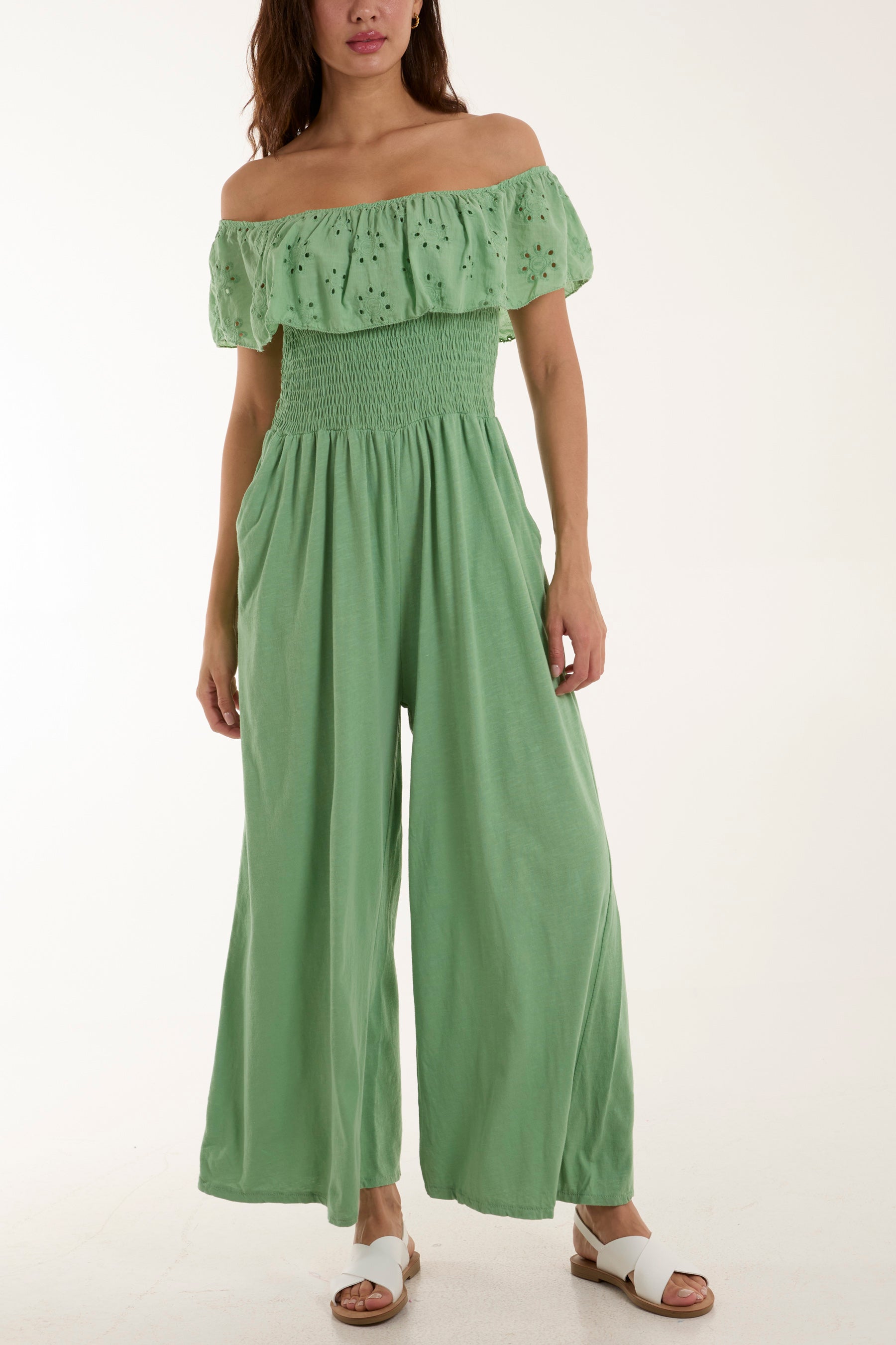Broderie Anglaise Bardot Jumpsuit Jumpsuits WearAll Sage One Size