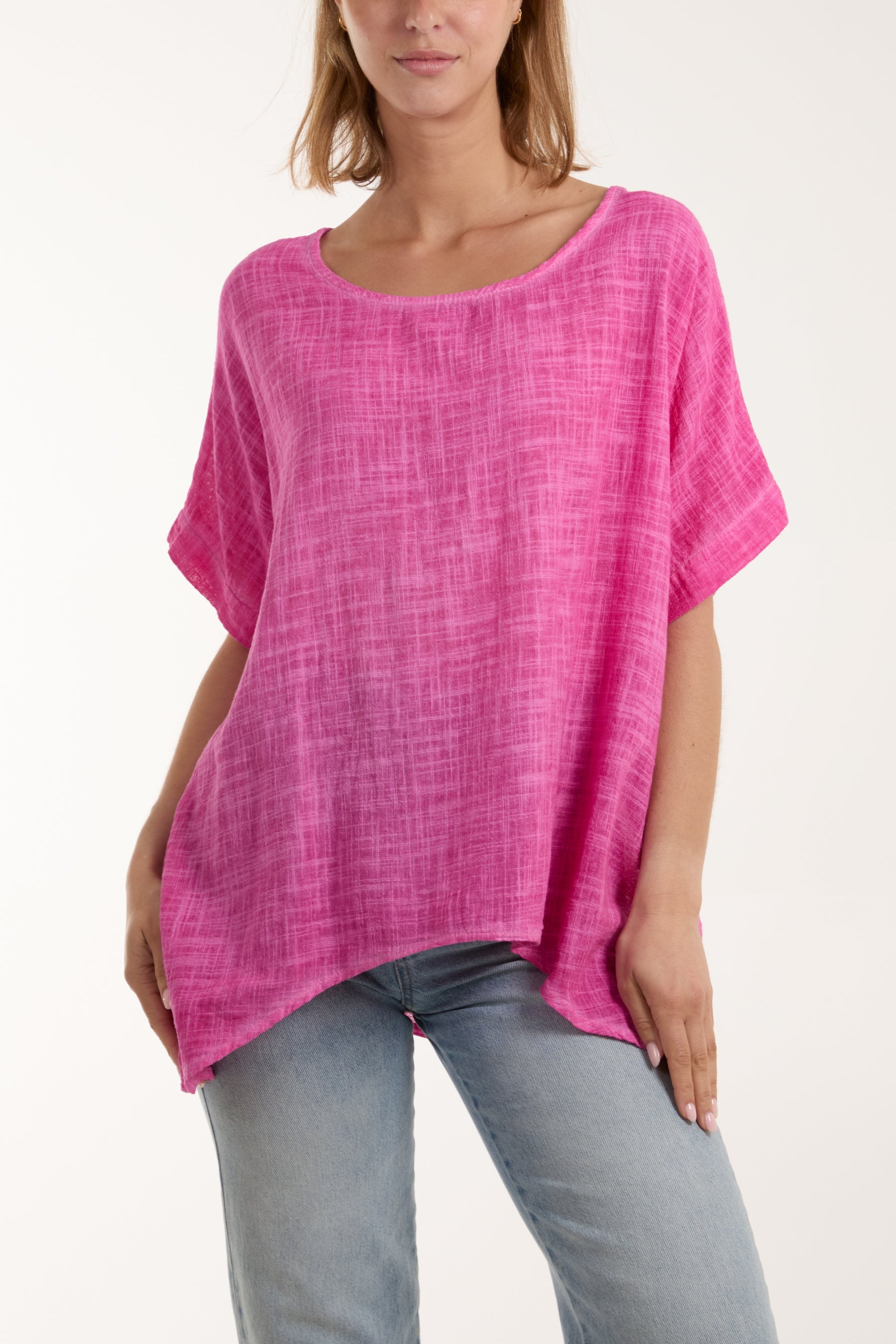 Cotton Washed Short Sleeve Top Tops WearAll Hot Pink One Size