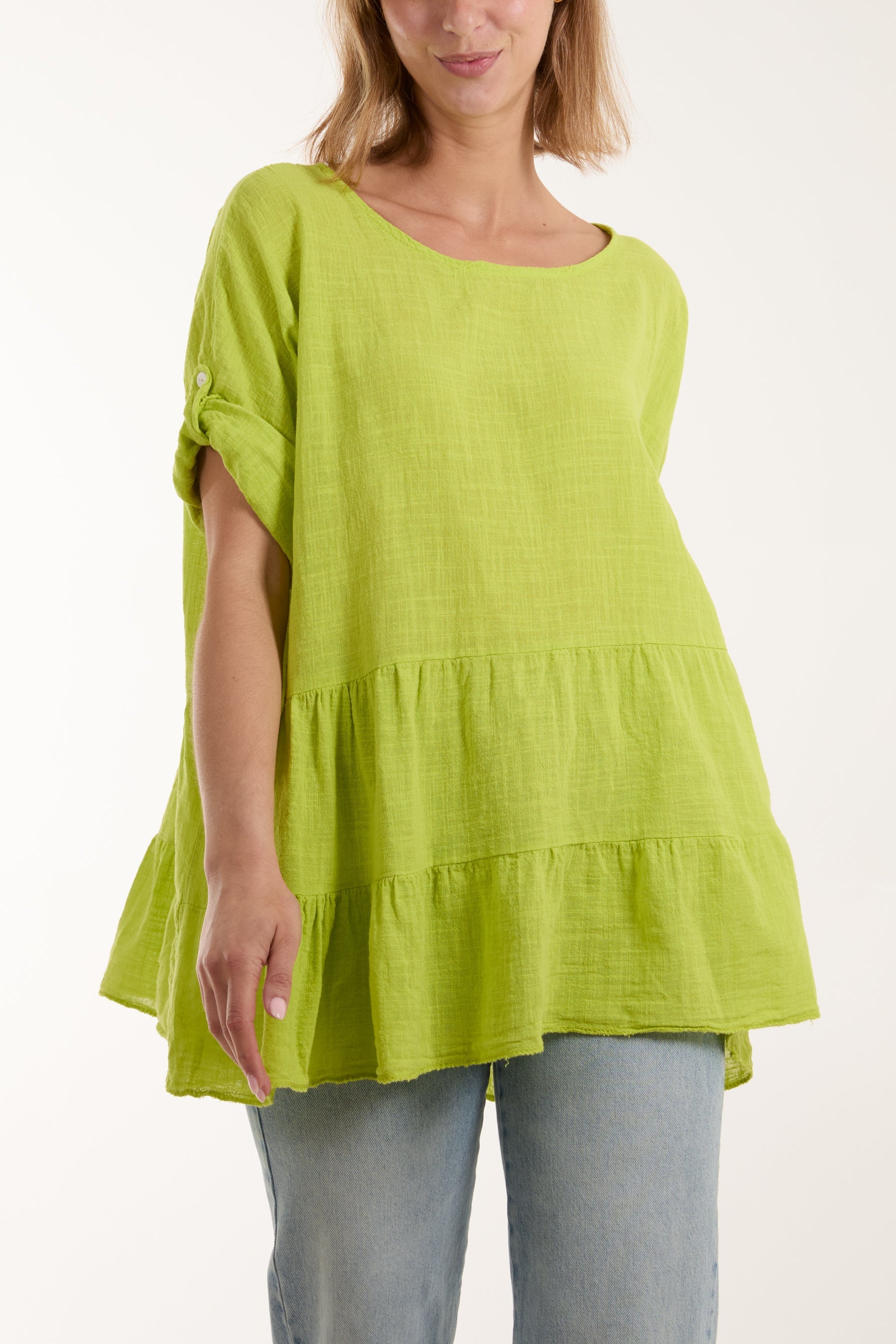 Tiered Smock Cotton Blouse Blouses WearAll Lime One Size