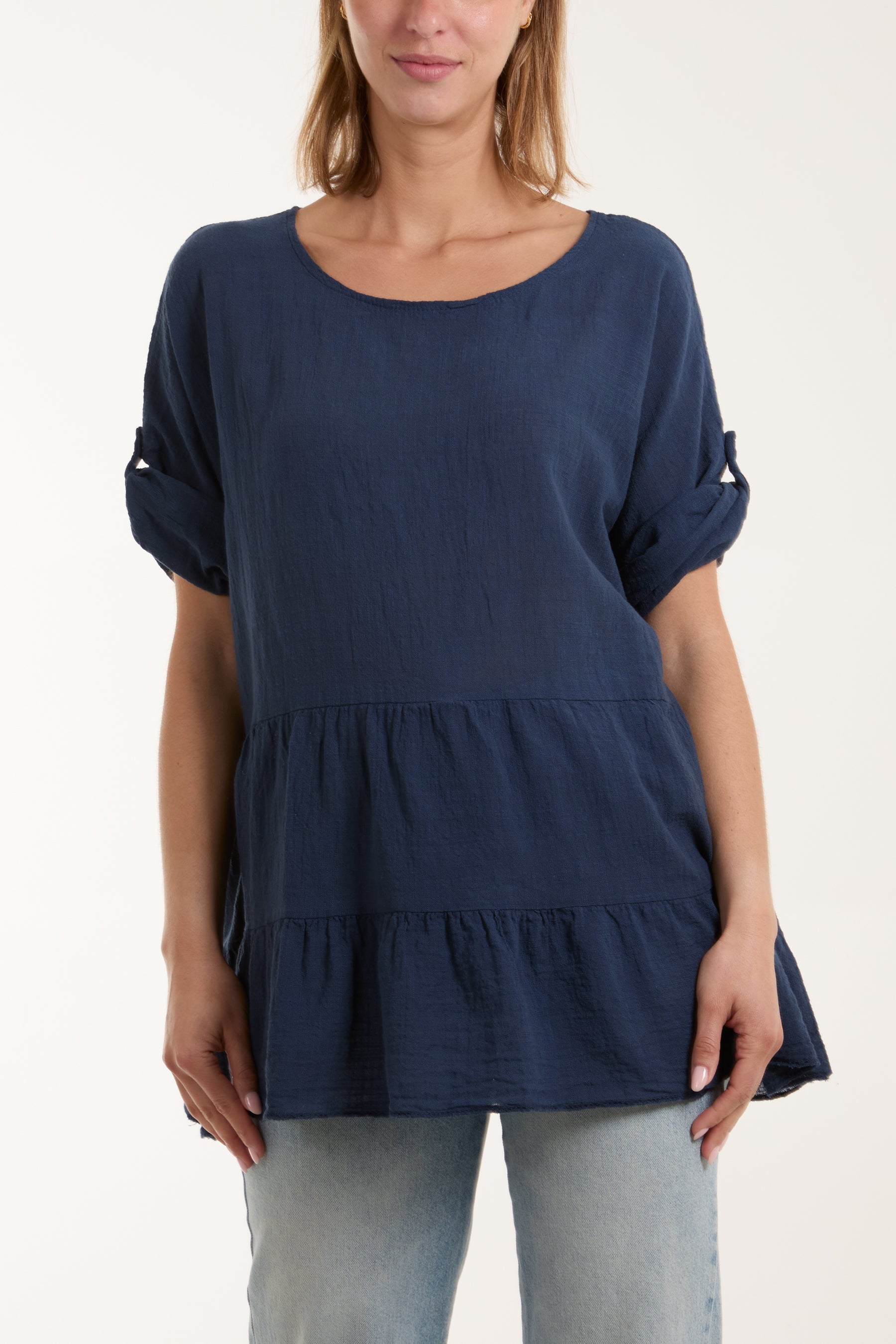Tiered Smock Cotton Blouse Blouses WearAll Navy One Size
