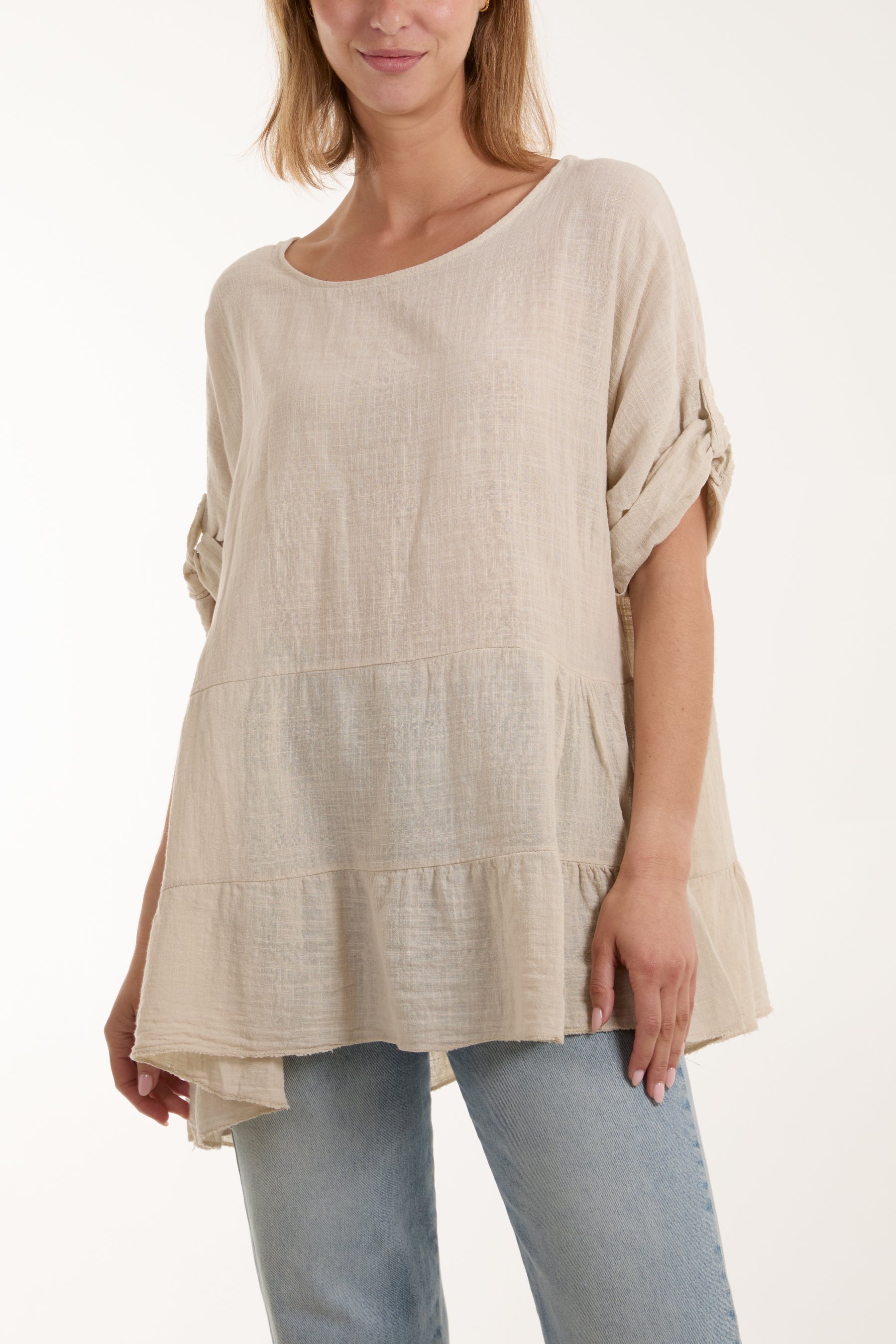 Tiered Smock Cotton Blouse Blouses WearAll Beige One Size