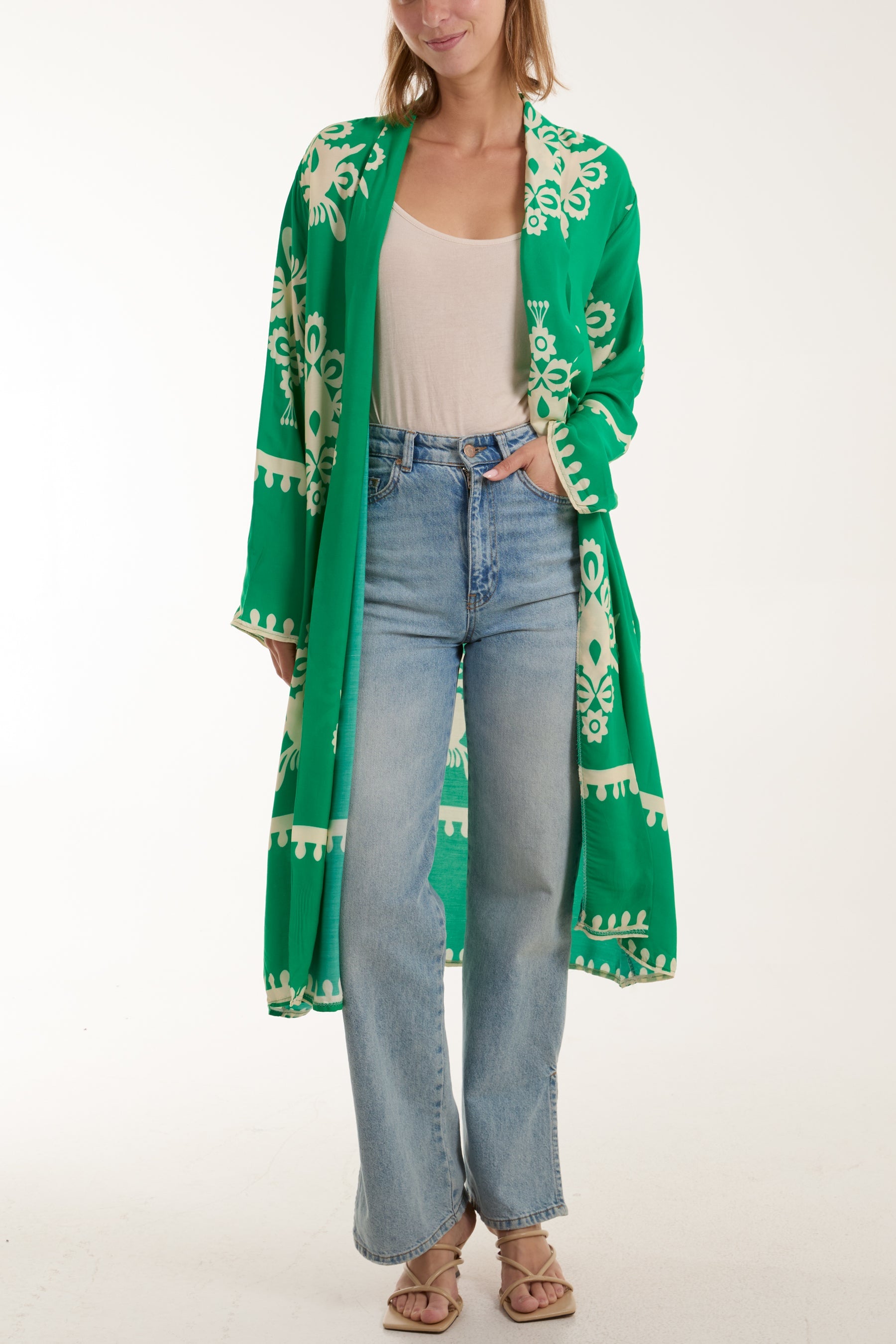 Printed Pockets Long Kimono Kimonos WearAll Jade One Size