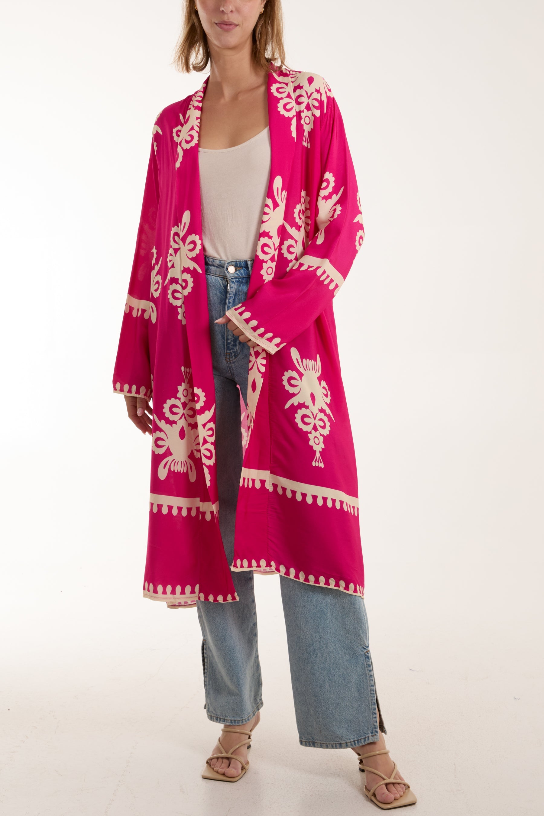 Printed Pockets Long Kimono Kimonos WearAll Fuchsia One Size