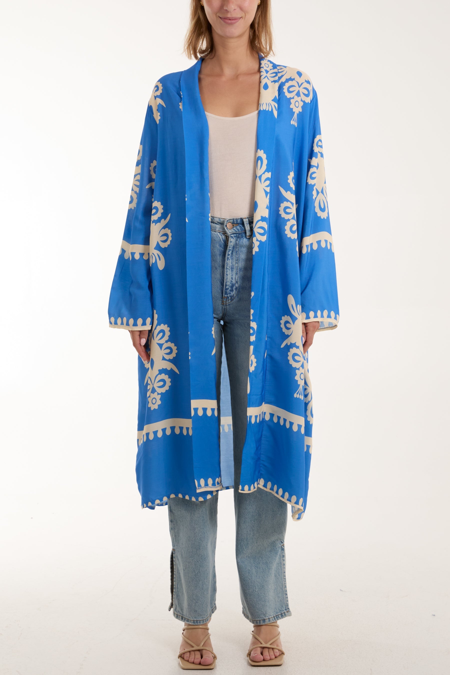 Printed Pockets Long Kimono Kimonos WearAll Blue One Size