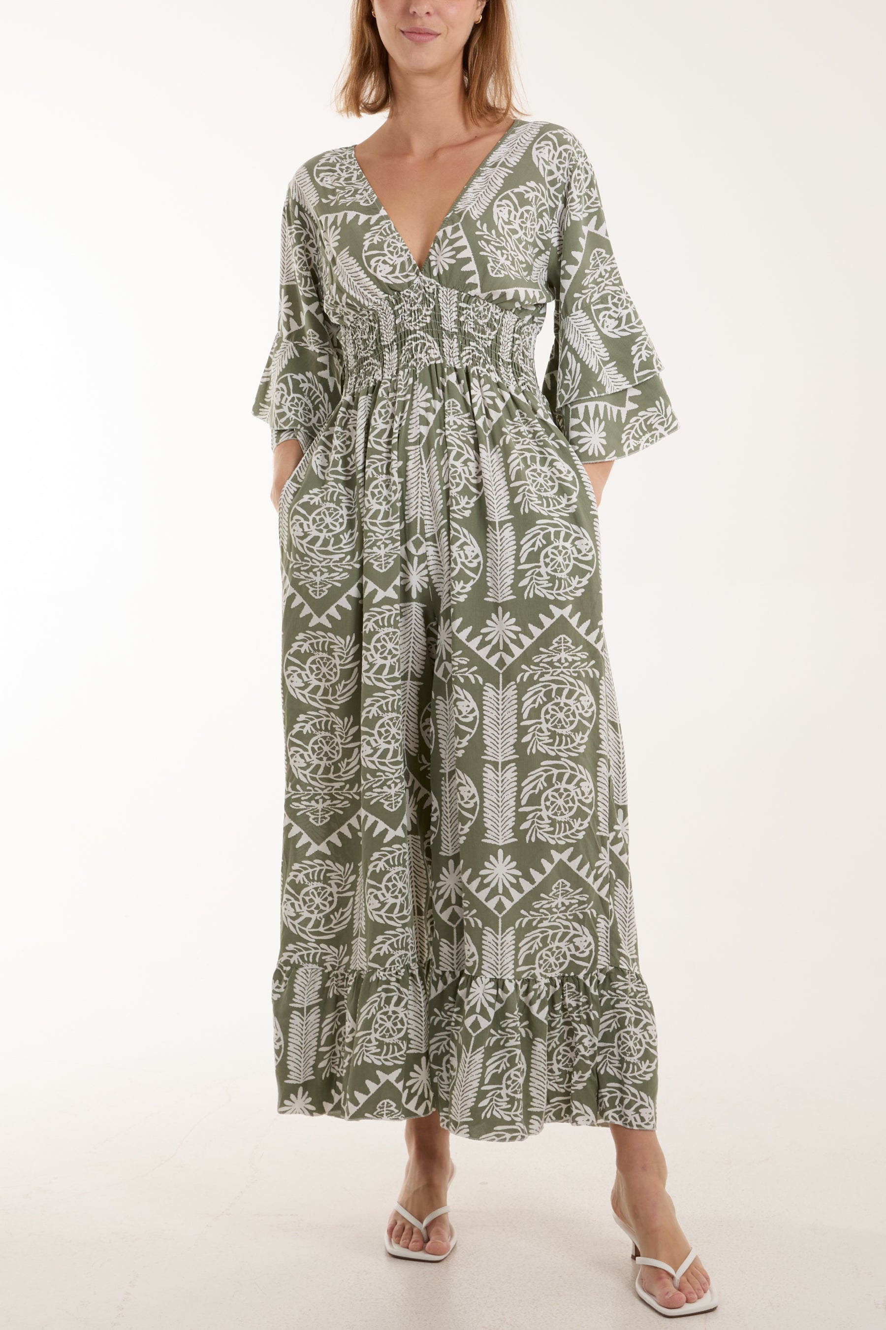 Baroque Shirred Bodice Jumpsuit Jumpsuits WearAll Khaki One Size