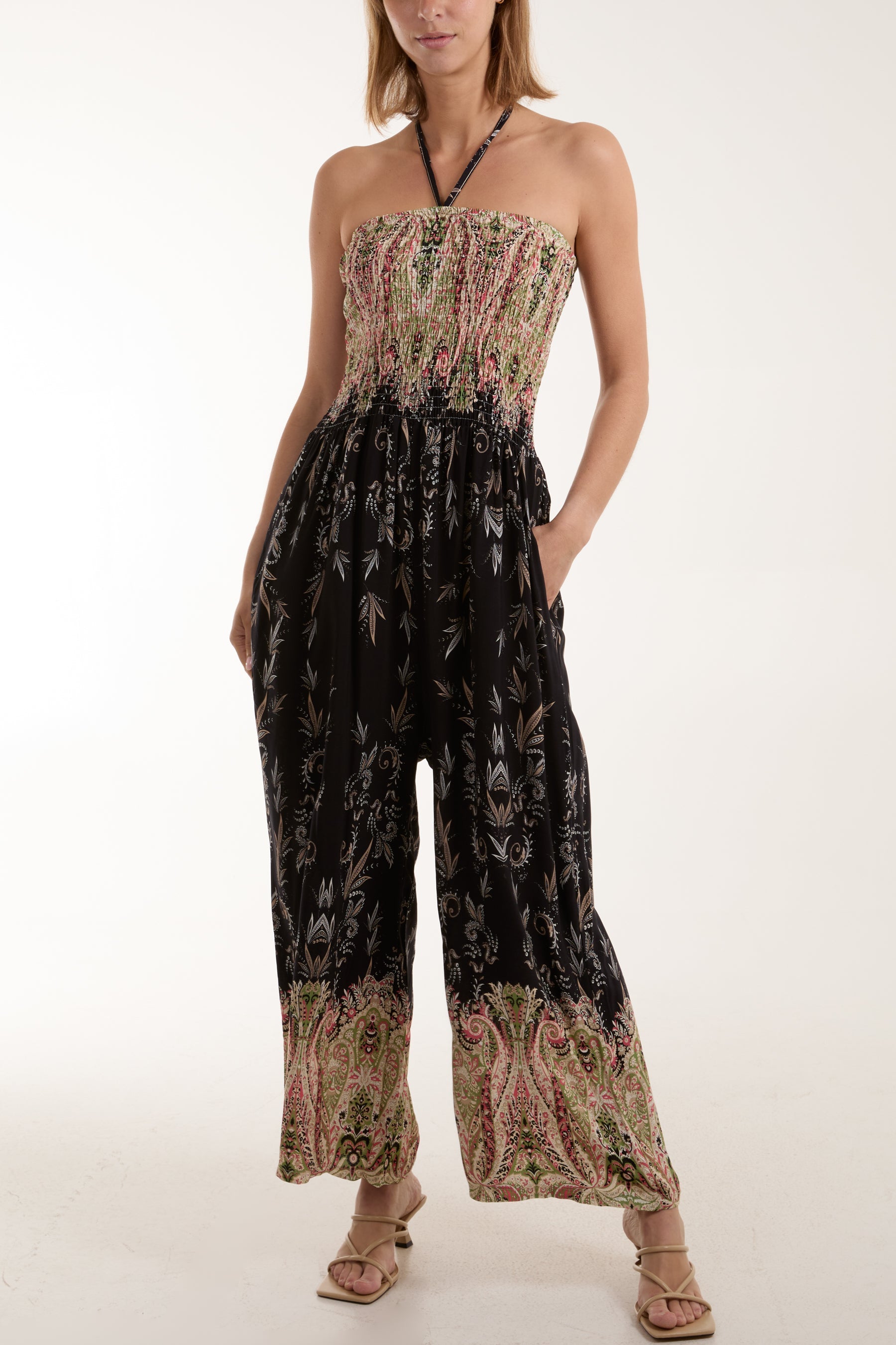 Floral Shirred Bandeau Jumpsuit Jumpsuits WearAll Black One Size