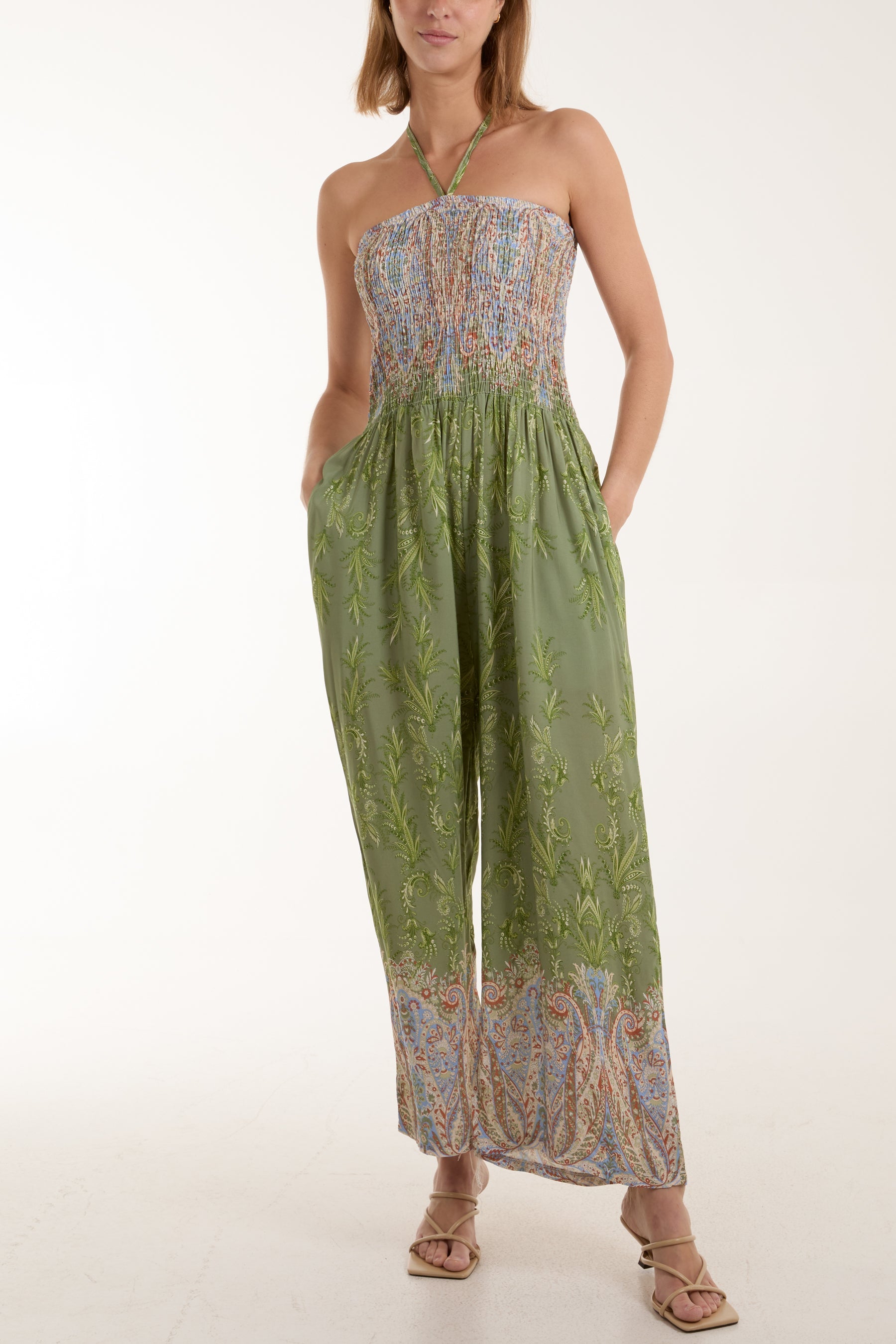 Floral Shirred Bandeau Jumpsuit Jumpsuits WearAll Khaki One Size
