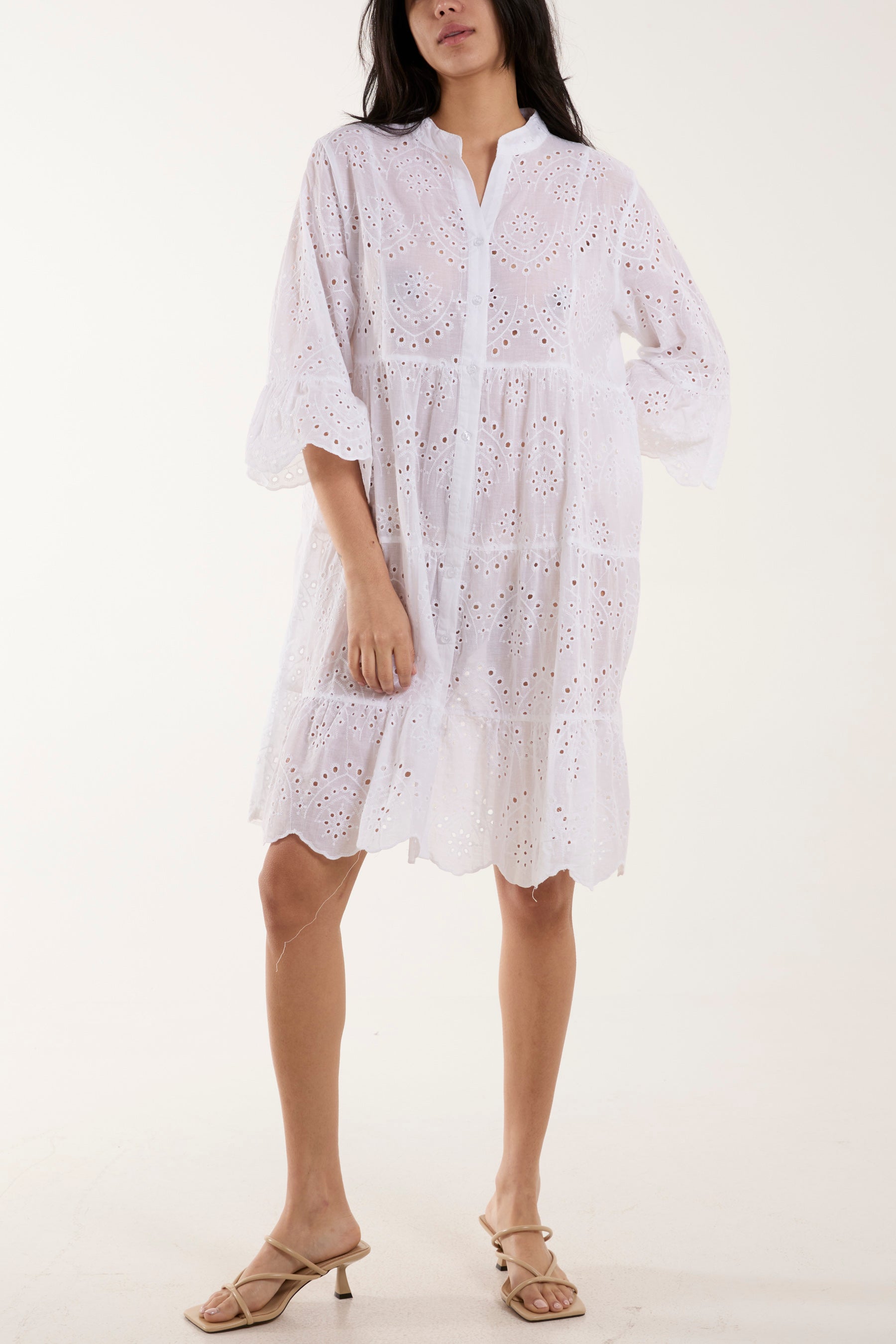 Broderie Anglaise Smock Shirt Dress Dresses WearAll White One Size