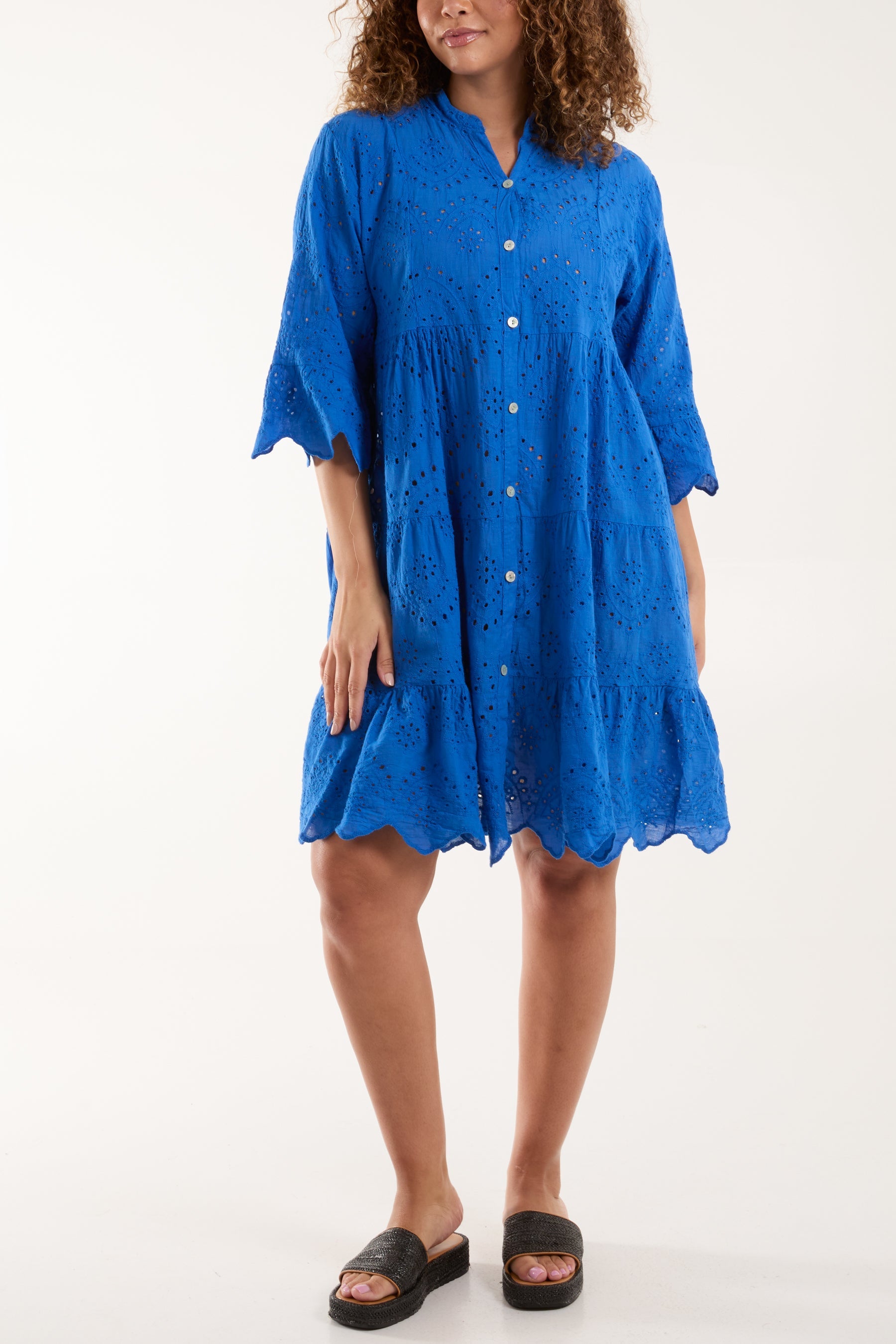 Broderie Anglaise Smock Shirt Dress Dresses WearAll Royal Blue One Size