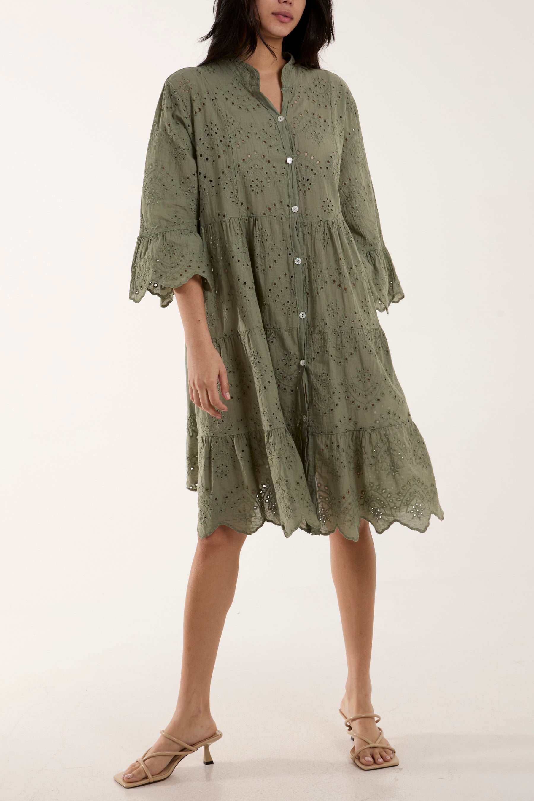 Broderie Anglaise Smock Shirt Dress Dresses WearAll Khaki One Size