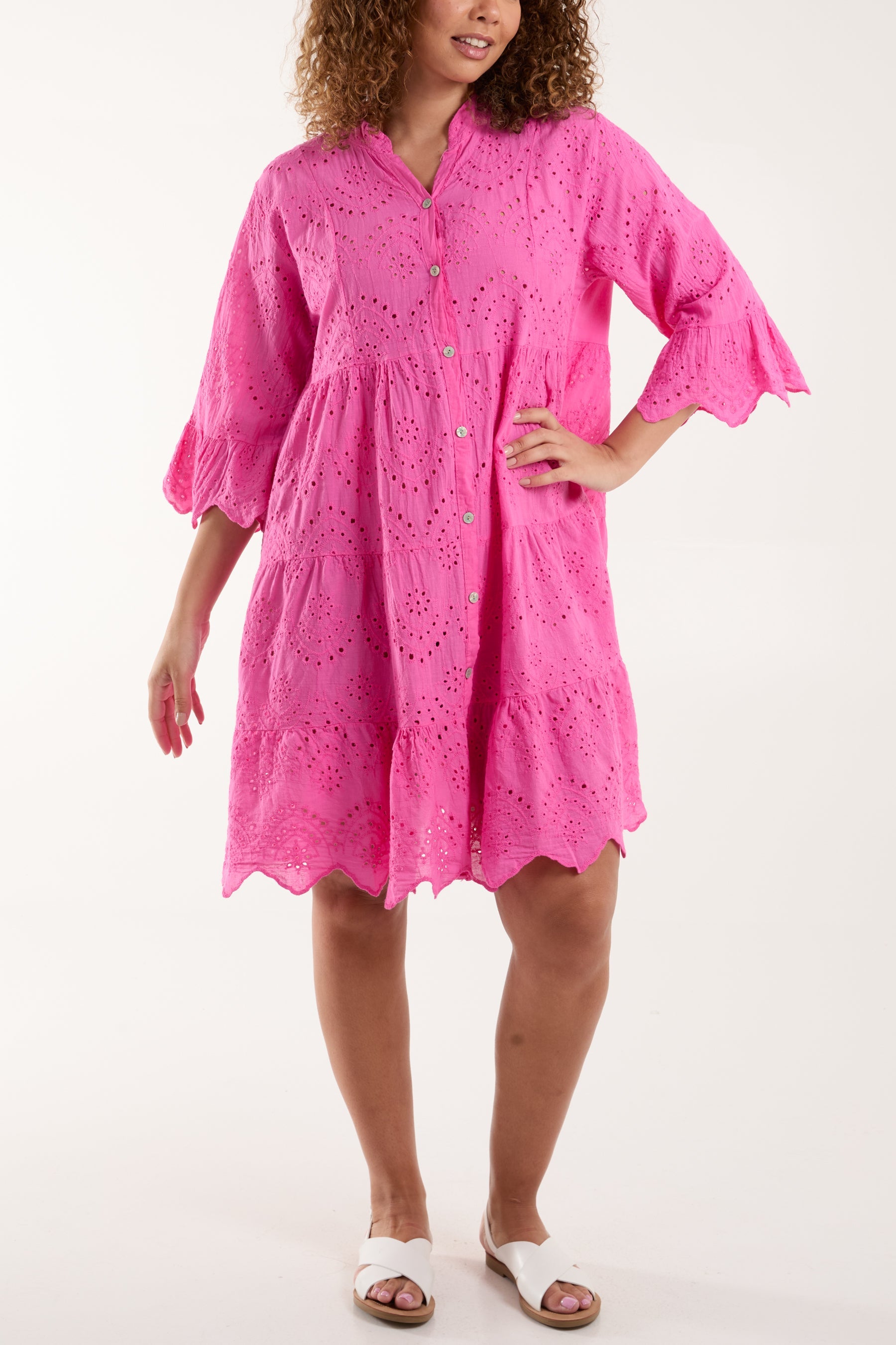 Broderie Anglaise Smock Shirt Dress Dresses WearAll Hot Pink One Size