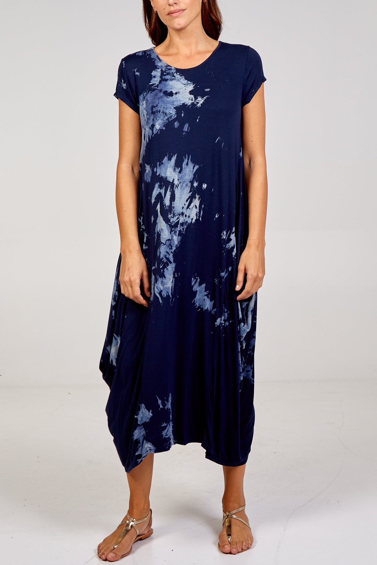 Cap Sleeve Tie Dye Parachute Dress DMF2 WearAll Navy One Size