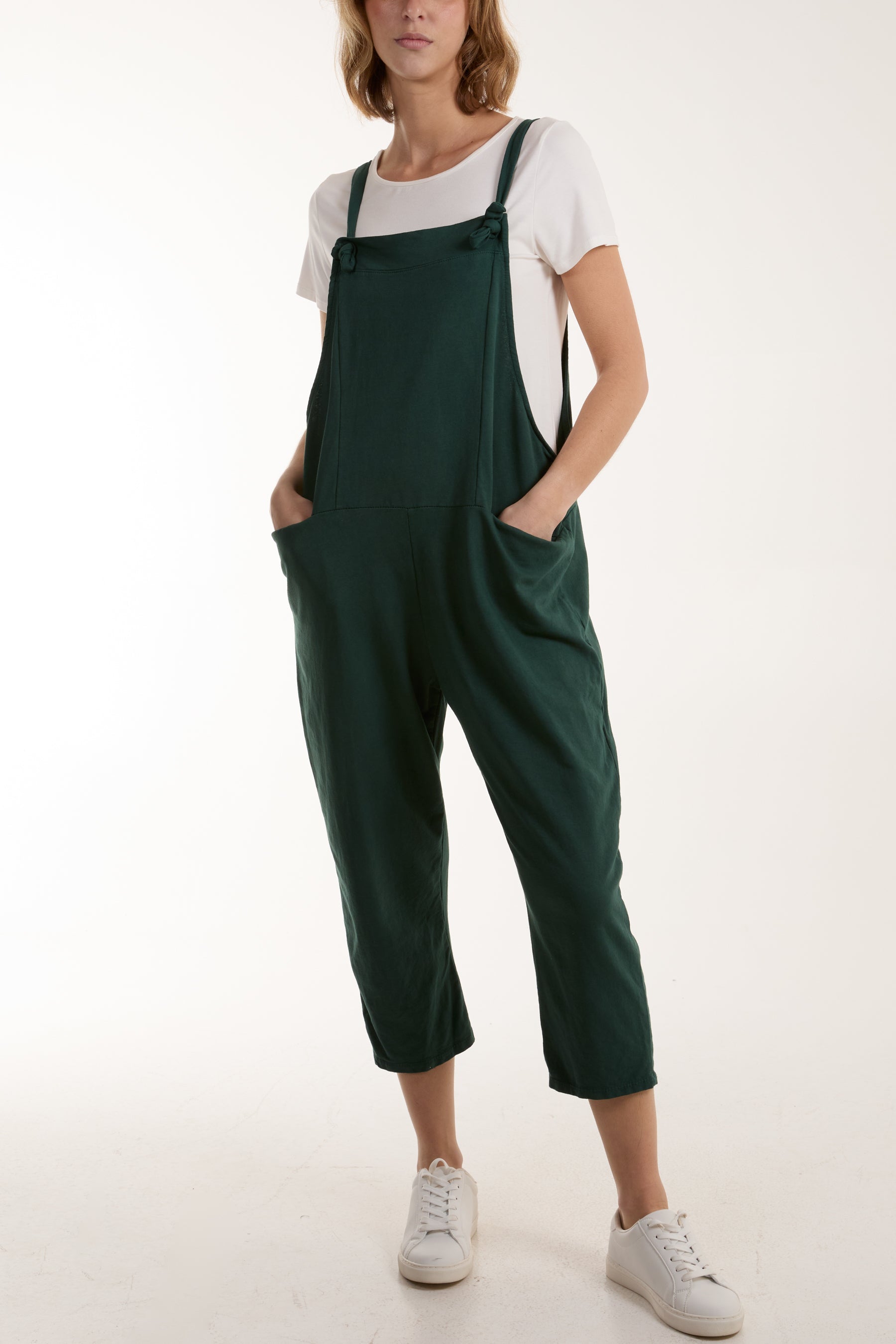 Bow Detail Plain Dungarees Jump/Play WearAll Bottle Green One Size