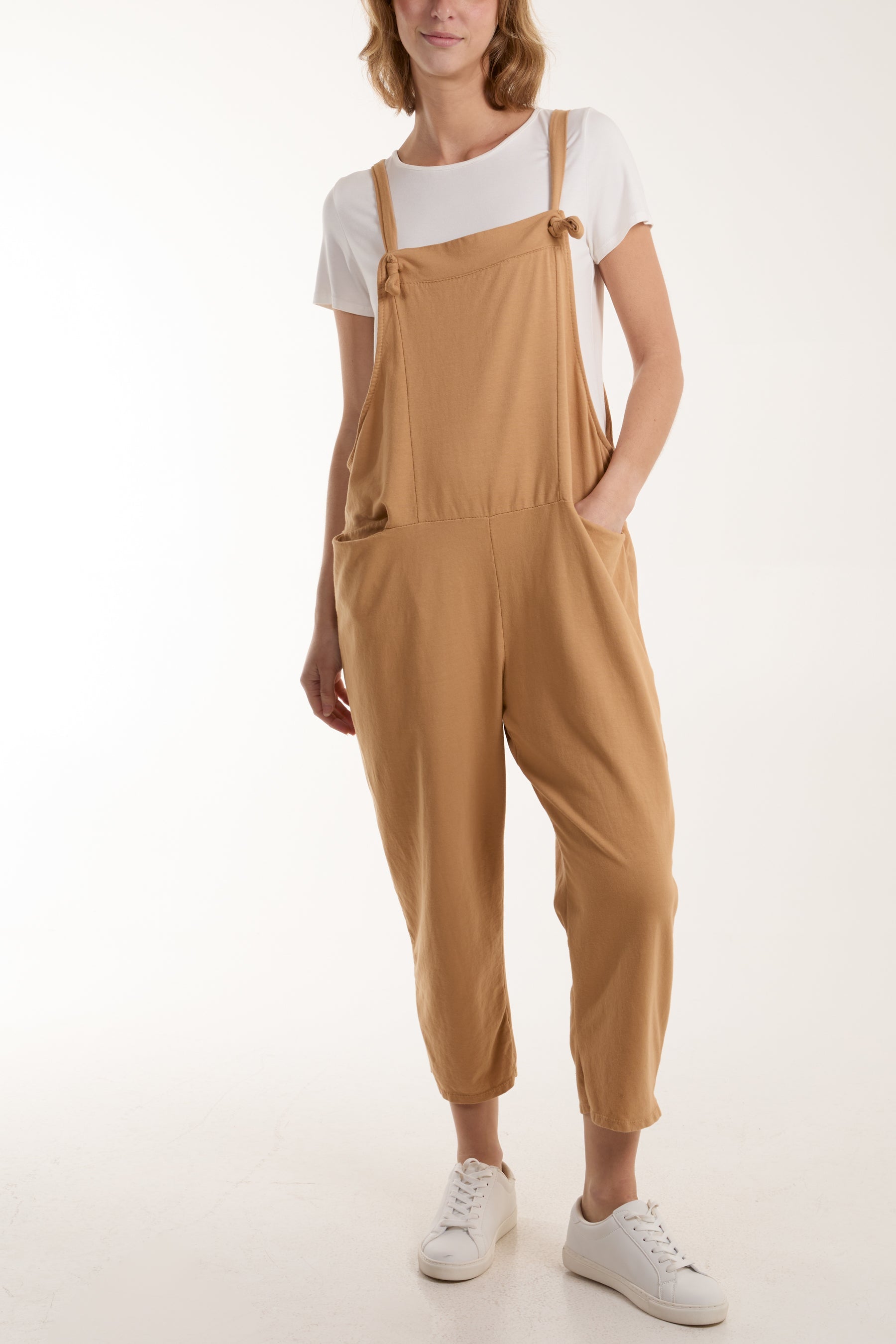 Bow Detail Plain Dungarees Jump/Play WearAll Camel One Size