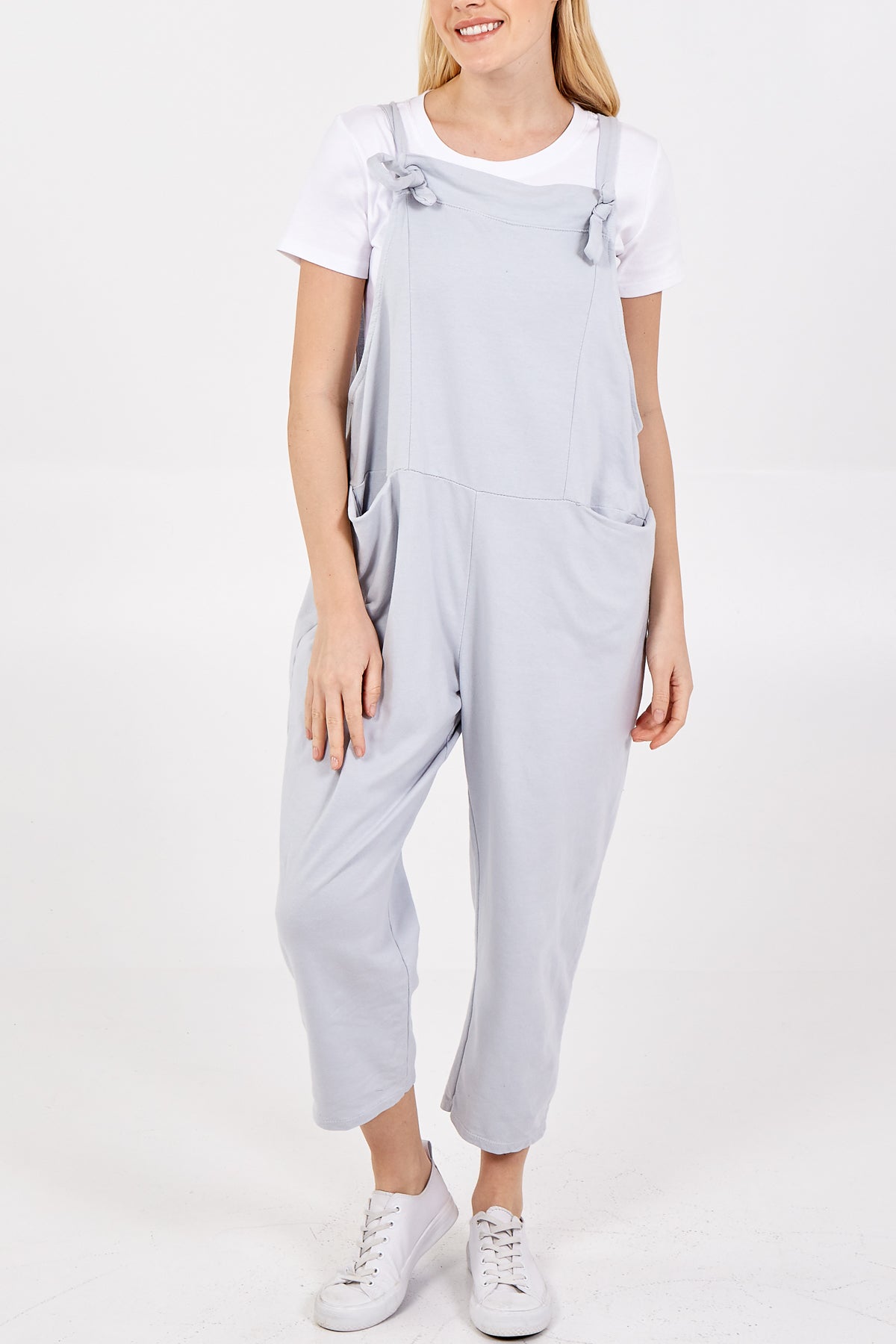 Bow Detail Plain Dungarees Jump/Play WearAll Light Grey One Size
