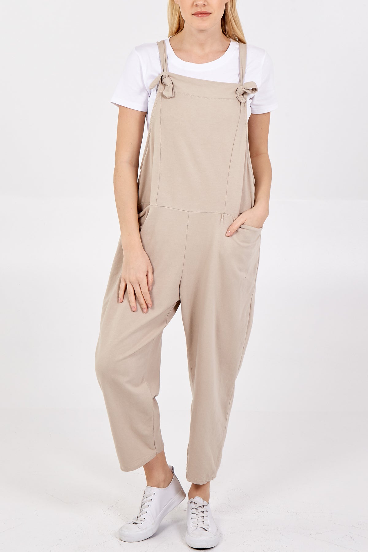 Bow Detail Plain Dungarees Jump/Play WearAll Beige One Size