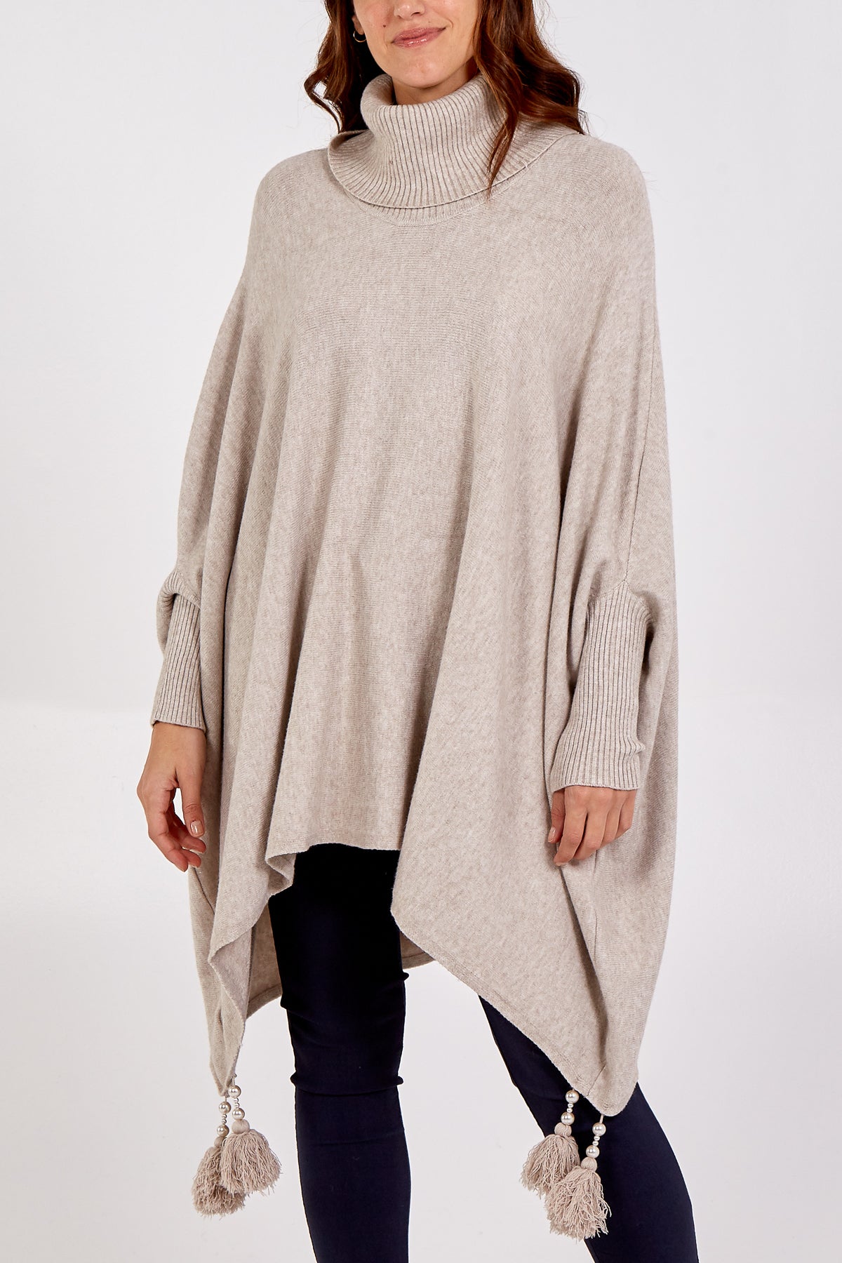 Roll Neck Tassel Poncho Style Jumper Cardigans & Ponchos WearAll Beige One Size