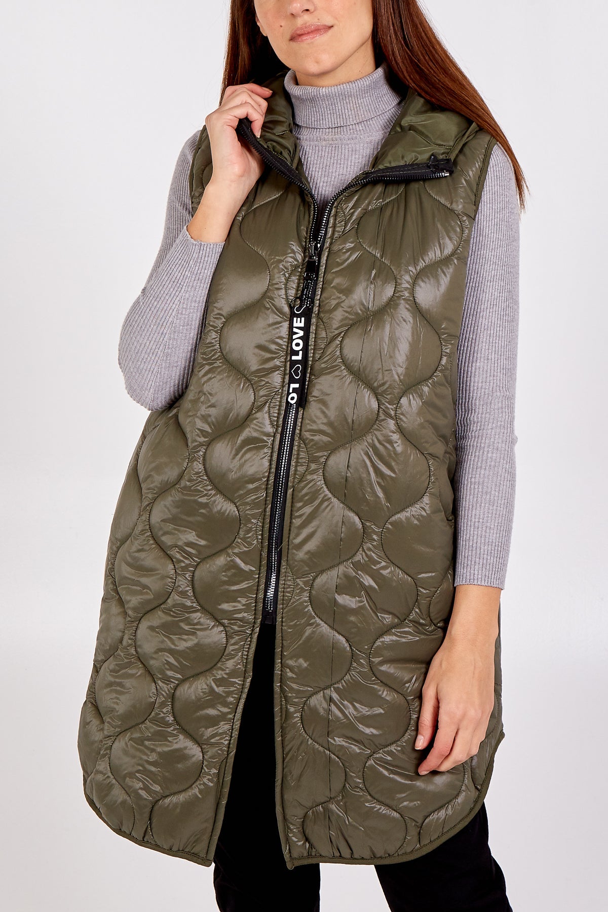 "Love" Zip Up Hooded Puffer Gillet JK1 WearAll Khaki One Size