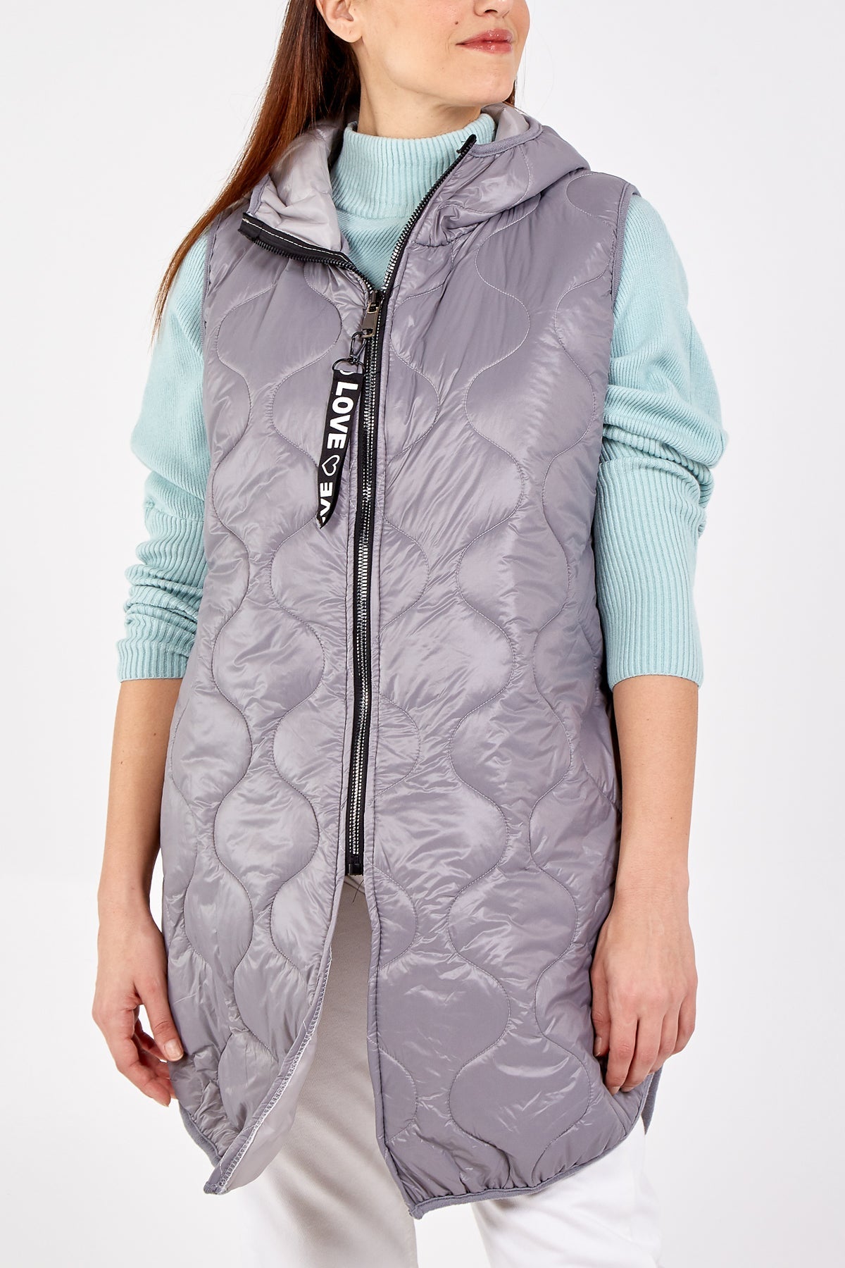 "Love" Zip Up Hooded Puffer Gillet JK1 WearAll Dark Grey One Size