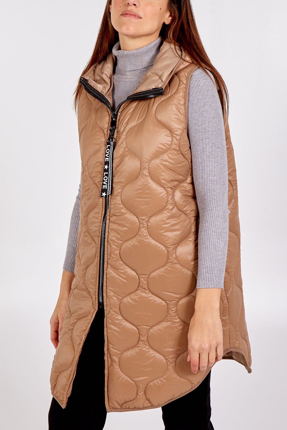 "Love" Zip Up Hooded Puffer Gillet JK1 WearAll Camel One Size