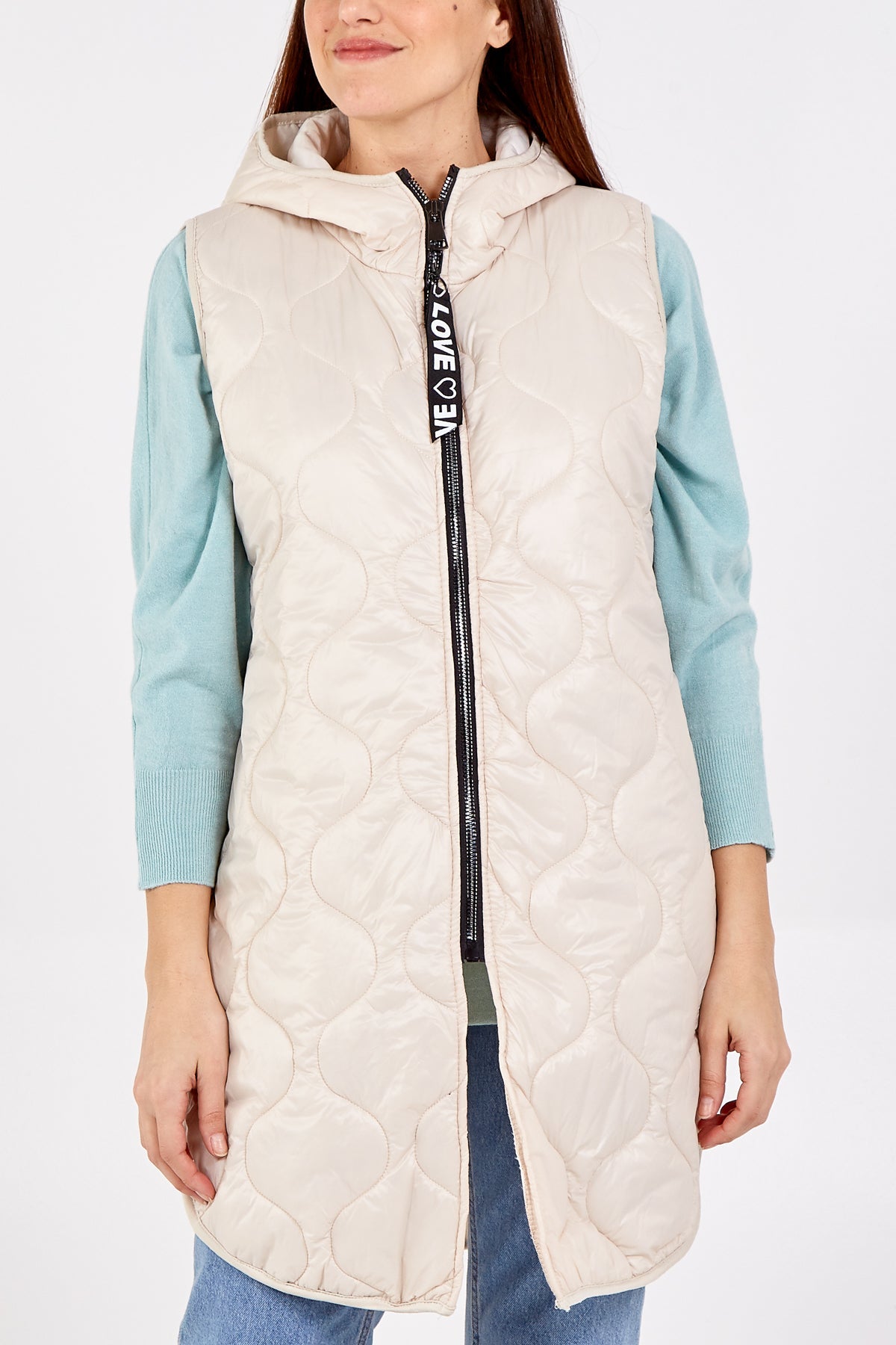 "Love" Zip Up Hooded Puffer Gillet JK1 WearAll Stone One Size