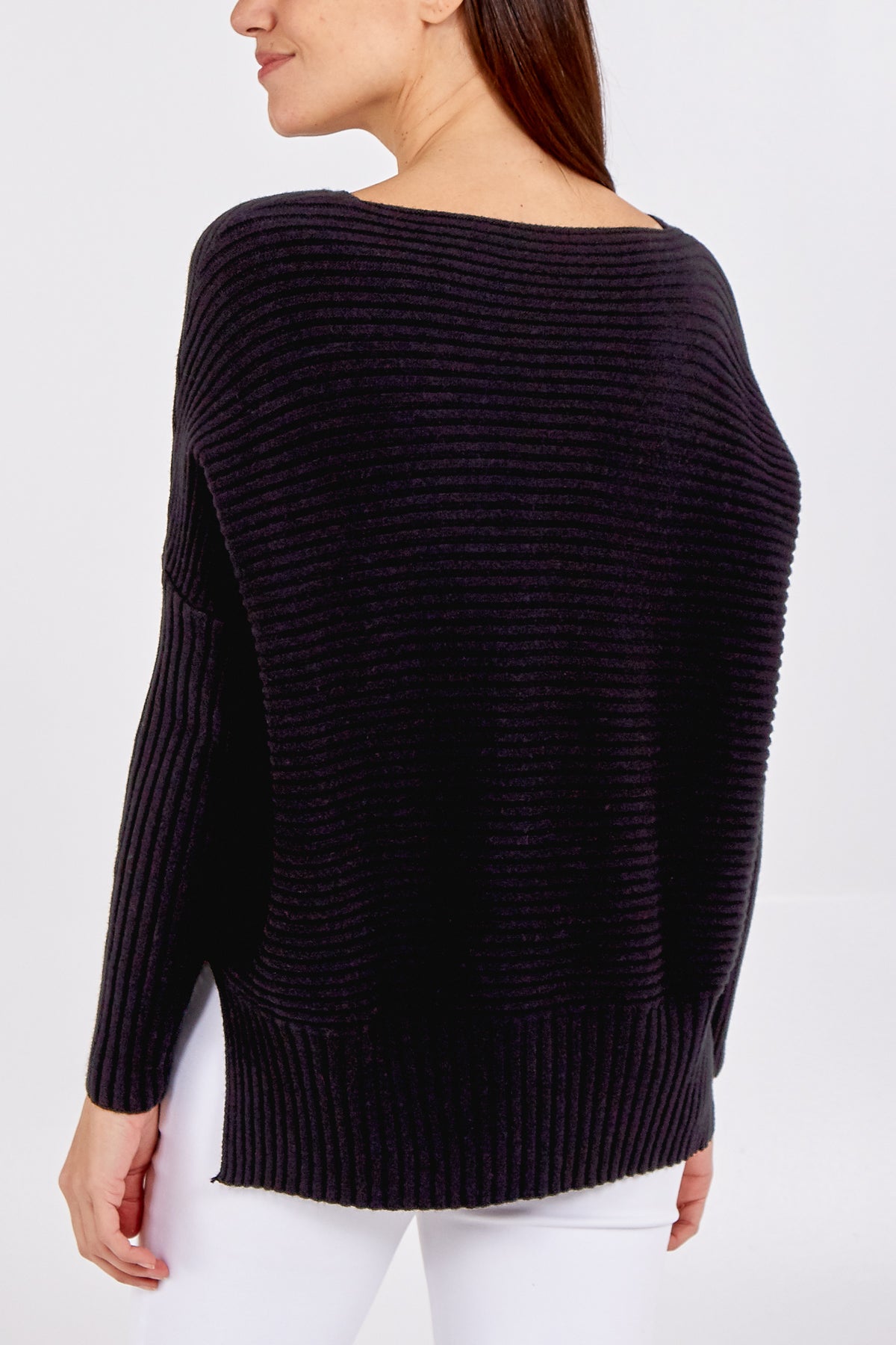 Ribbed Batwing Side Slit V-Neck Jumper JMF1 WearAll