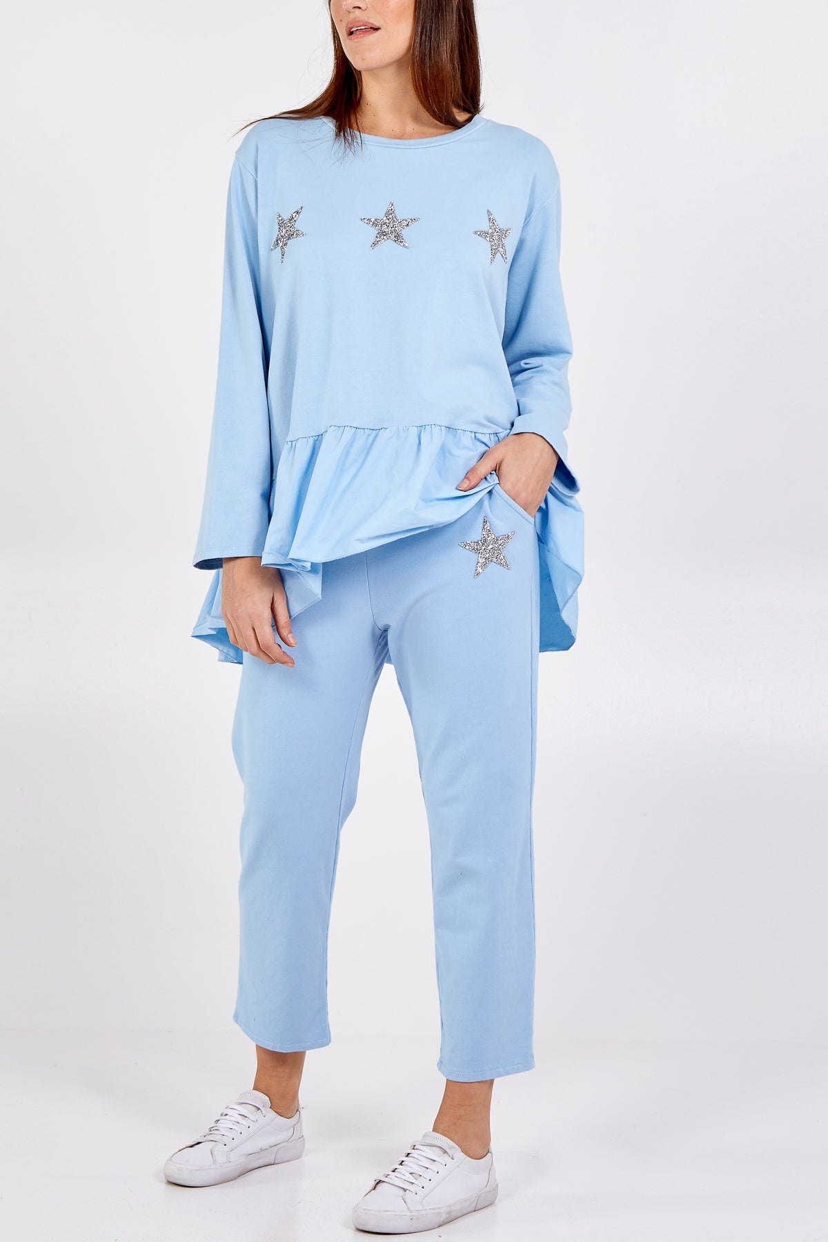 Asymmetrical Frill Hem Glitter Star Loungewear Set Set WearAll