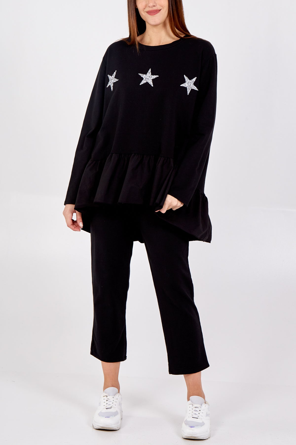 Asymmetrical Frill Hem Glitter Star Loungewear Set Set WearAll