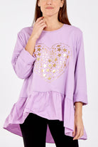 Gold Star Heart Top With Frill Trim TOPMF2 WearAll Lilac One Size