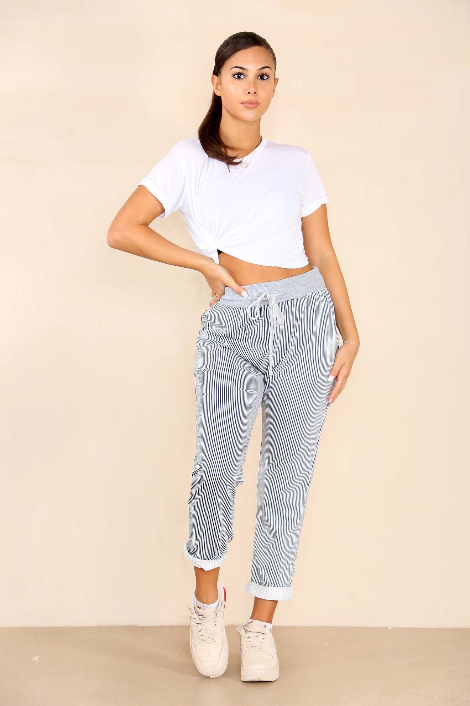 Italian Thin Stripes Print Drawstring Cotton Joggers Trouser WearAll