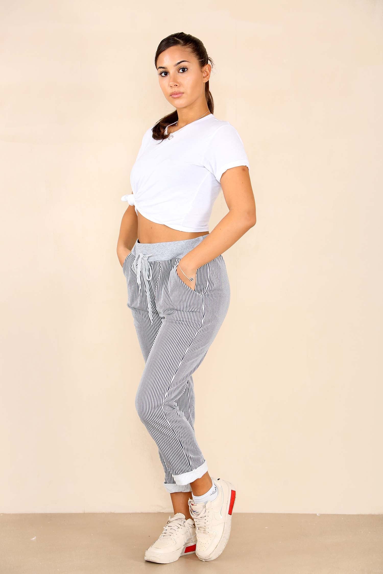 Italian Thin Stripes Print Drawstring Cotton Joggers Trouser WearAll