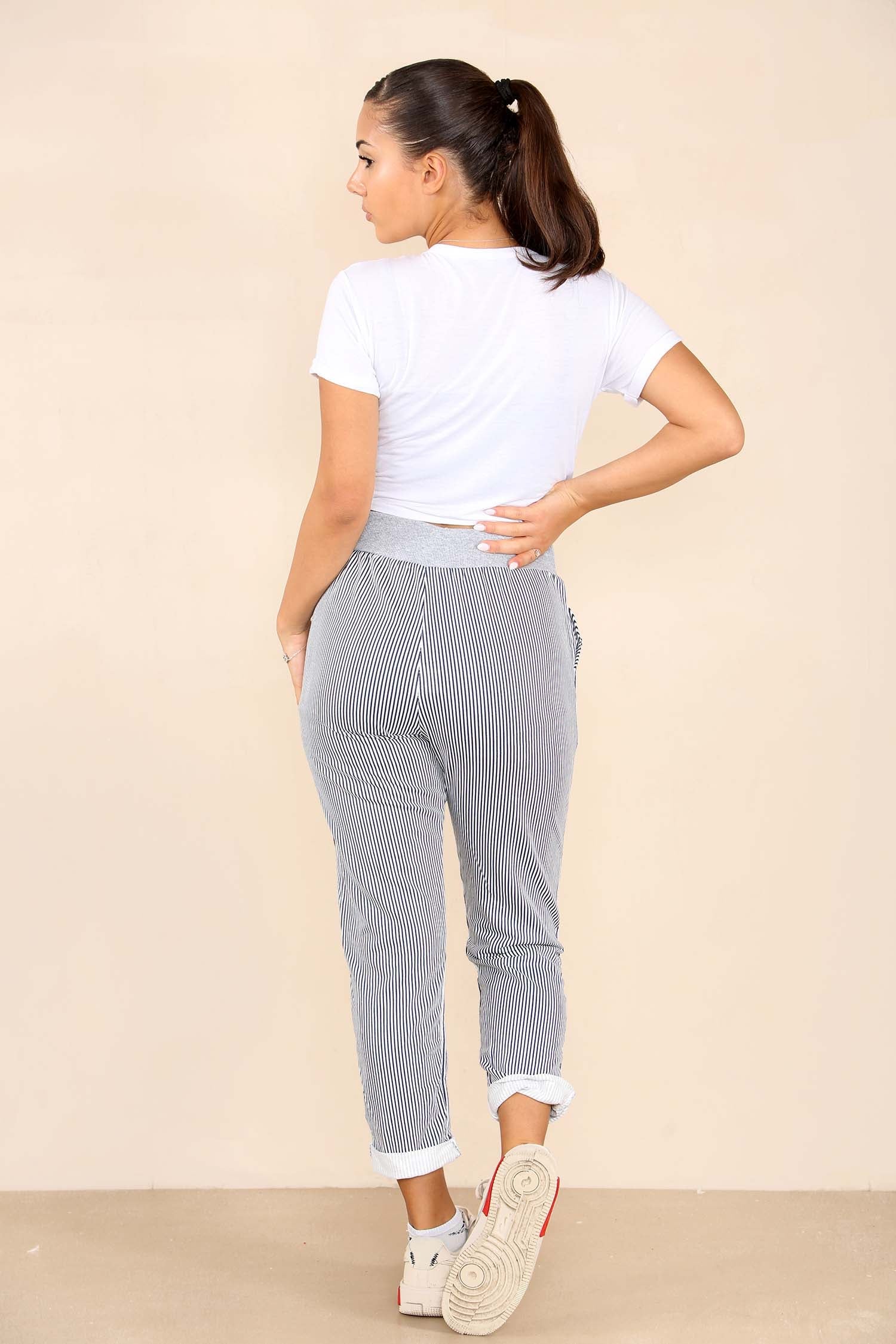 Plus Size Italian Thin Stripes Print Drawstring Cotton Joggers Trouser WearAll