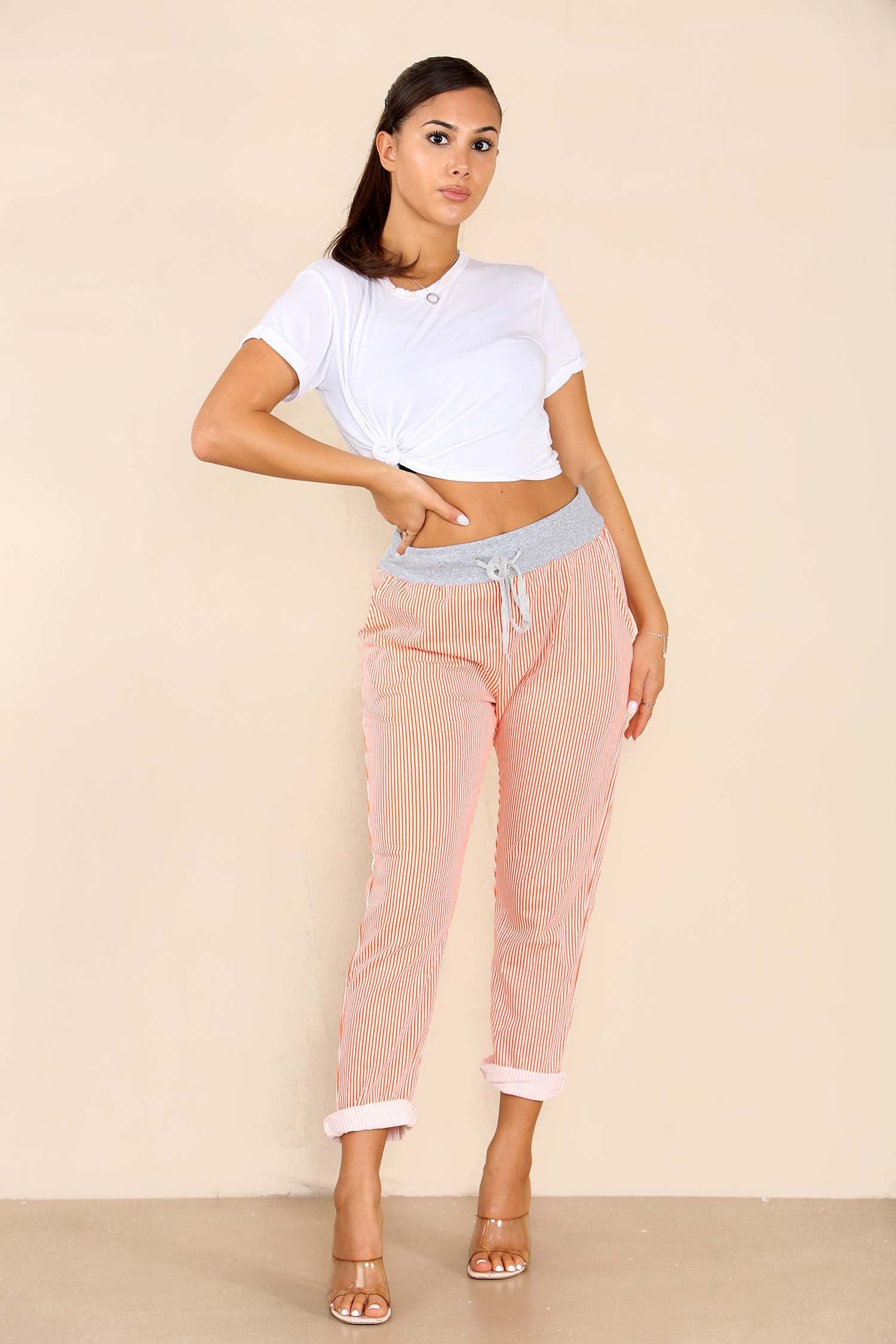 Plus Size Italian Thin Stripes Print Drawstring Cotton Joggers Trouser WearAll