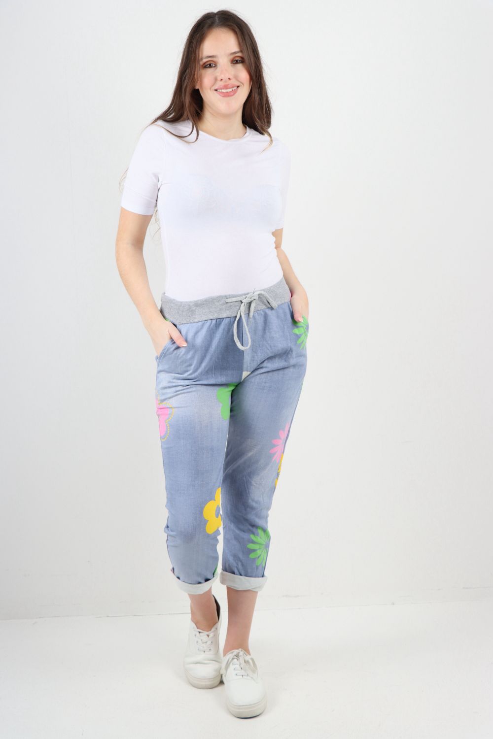 Daisy Flower Print Sweatpants Trousers WearAll Light Denim 8