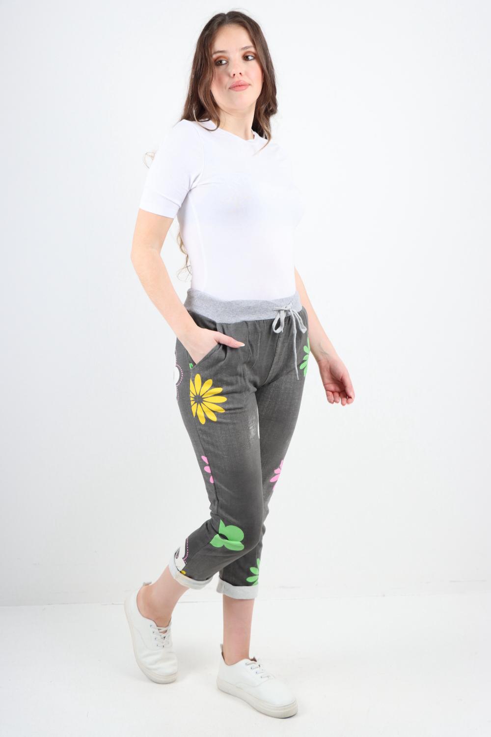 Daisy Flower Print Sweatpants Trousers WearAll Black 8