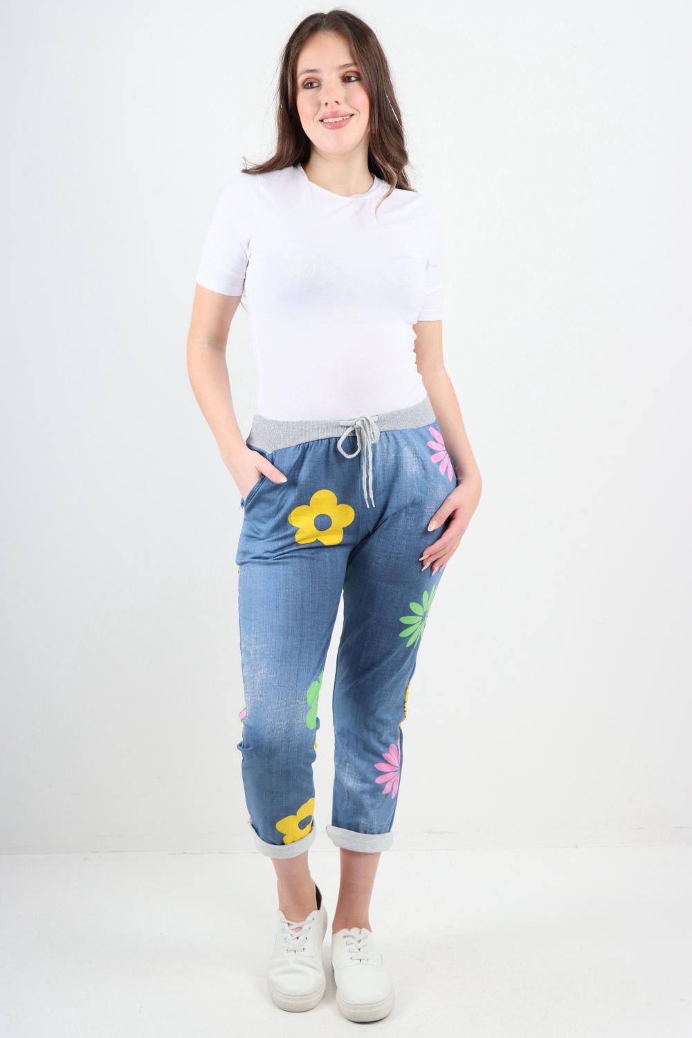 Daisy Flower Print Sweatpants Trousers WearAll Dark Denim 8
