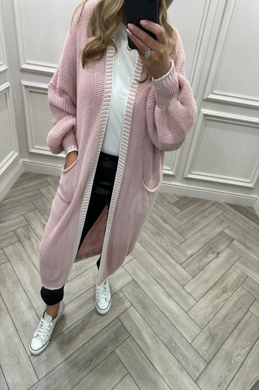 BLANKET STITCH HEM LONGLINE CARDIGAN One Size (8-18) Knitted Cardigan WearAll Pink One Size