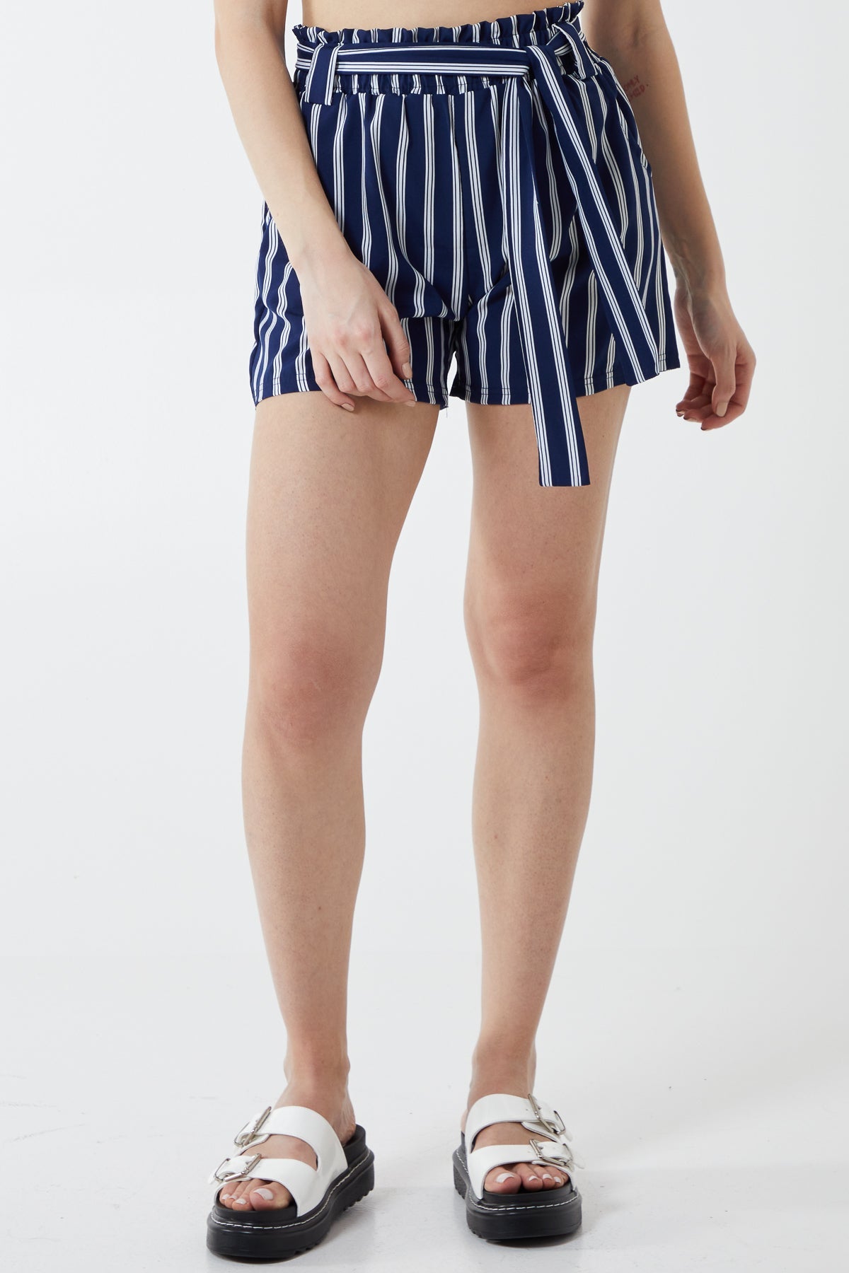 Belted Shorts with Stripes Shorts WearAll Navy Large