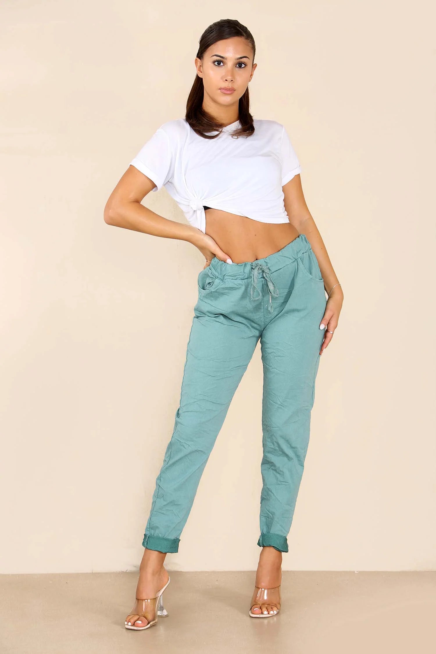 Plus Size Italian Glitter Drawstring Waistband Magic Pants Trouser WearAll