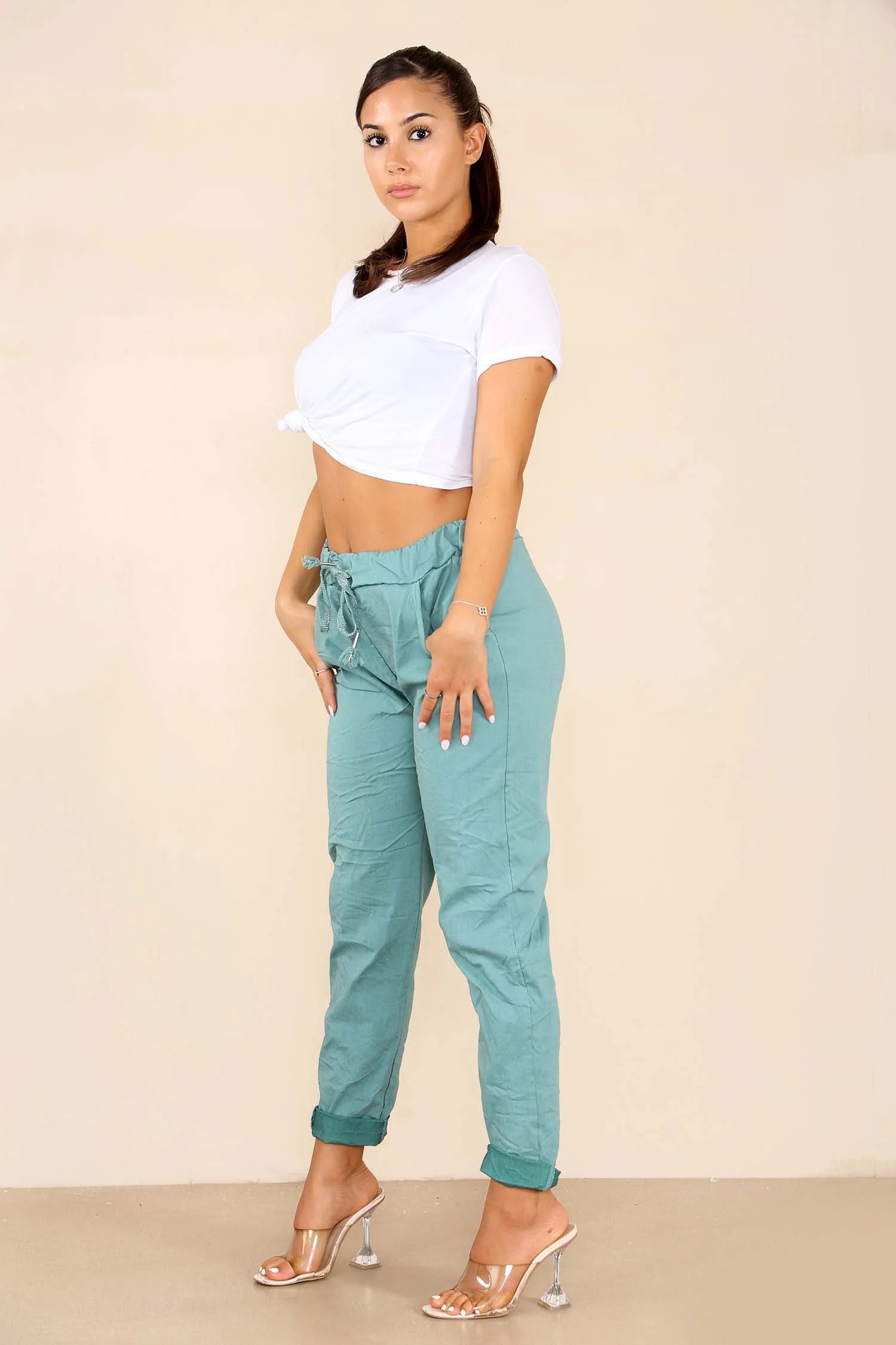 Plus Size Italian Glitter Drawstring Waistband Magic Pants Trouser WearAll