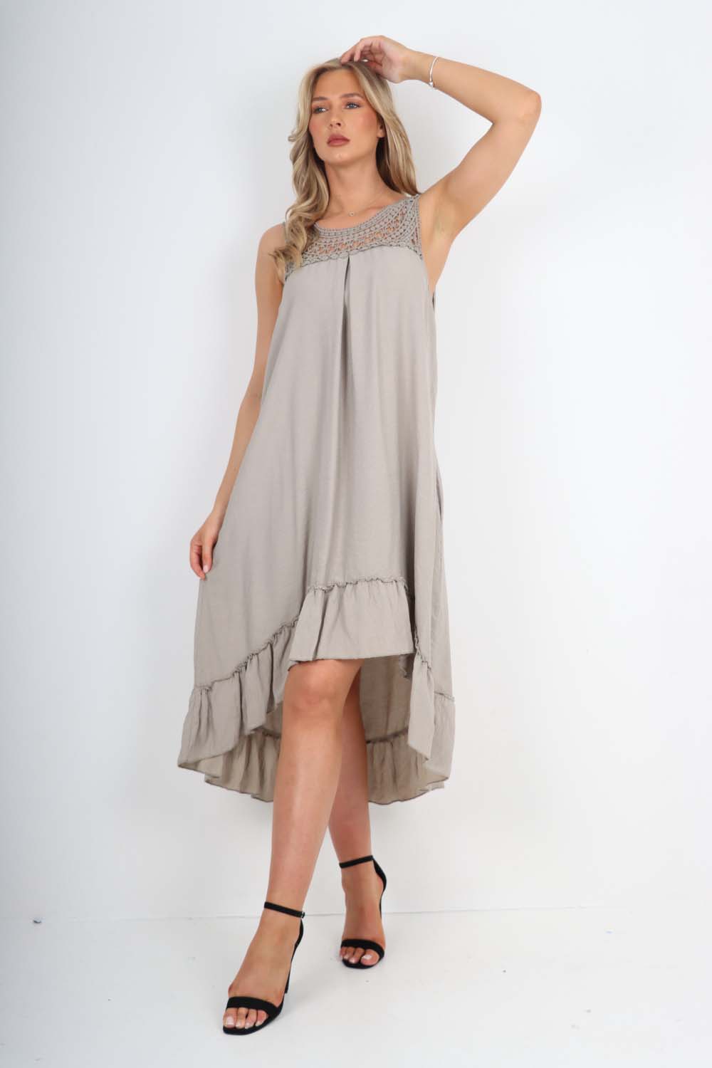 Italian Lace Neckline Dipped Hem Dress Dress WearAll