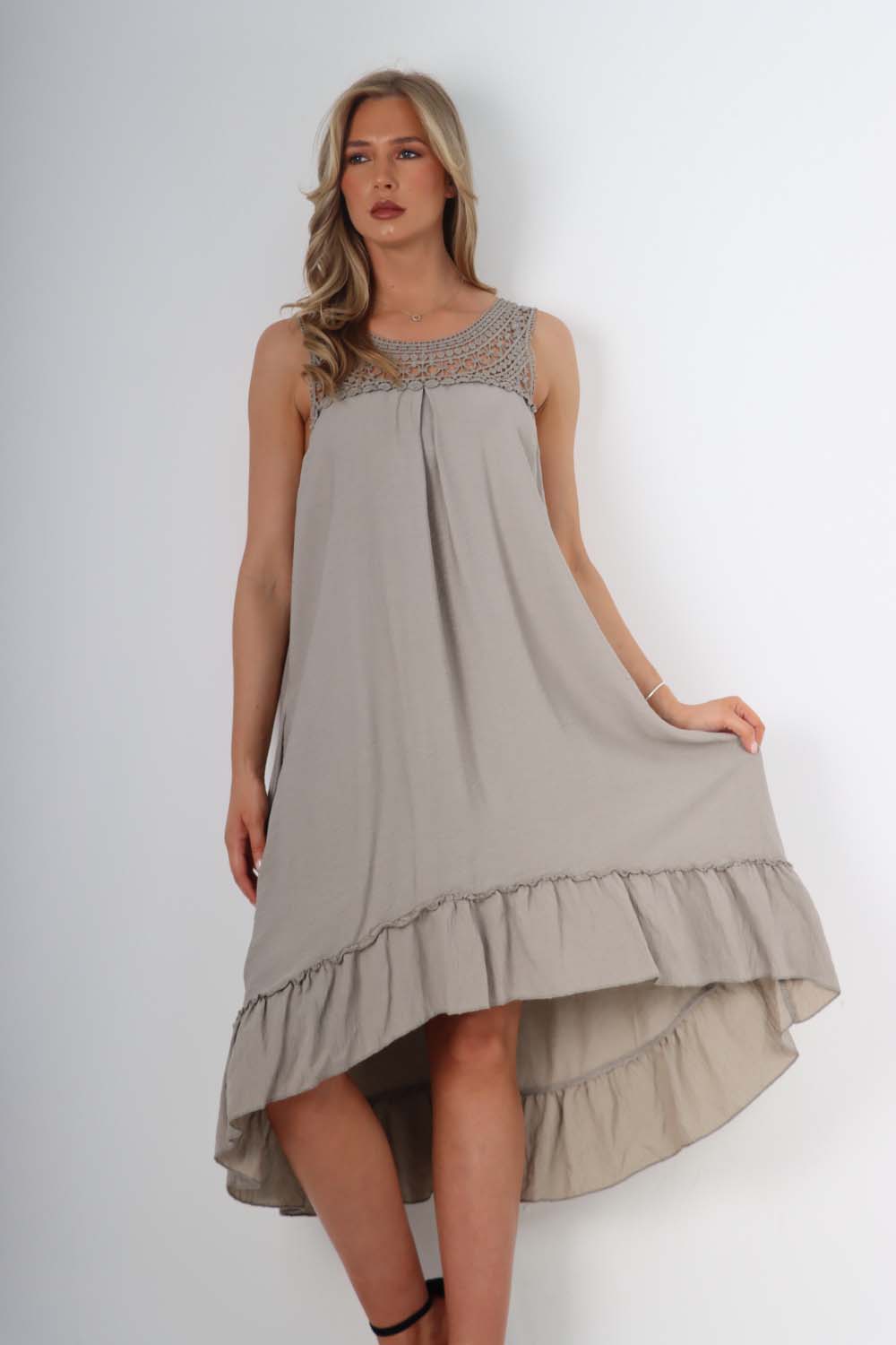 Italian Lace Neckline Dipped Hem Dress Dress WearAll Charcoal One Size (Fits UK 10-18)