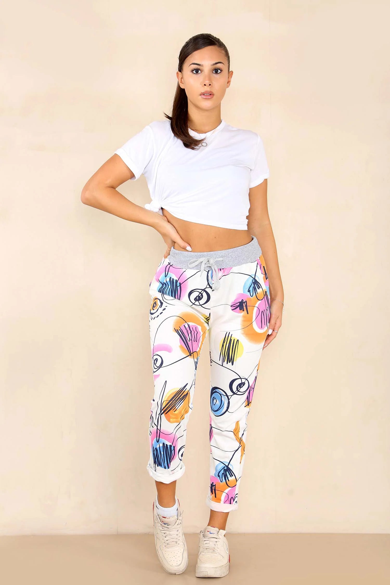 Italian Abstract Paint Print Drawstring Cotton Joggers Trouser WearAll White 8