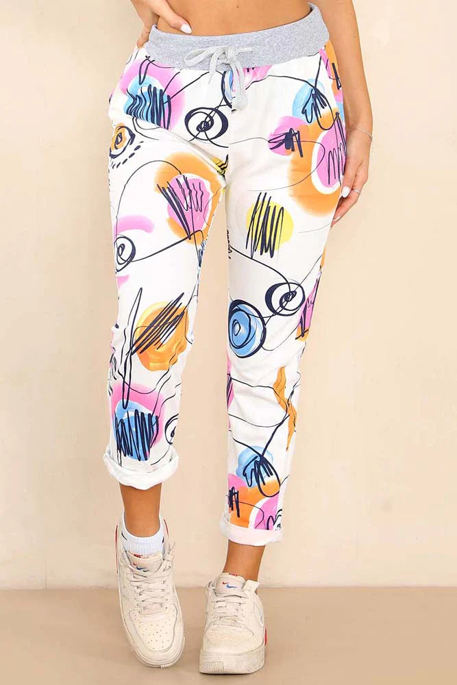 Italian Abstract Paint Print Drawstring Cotton Joggers Trouser WearAll