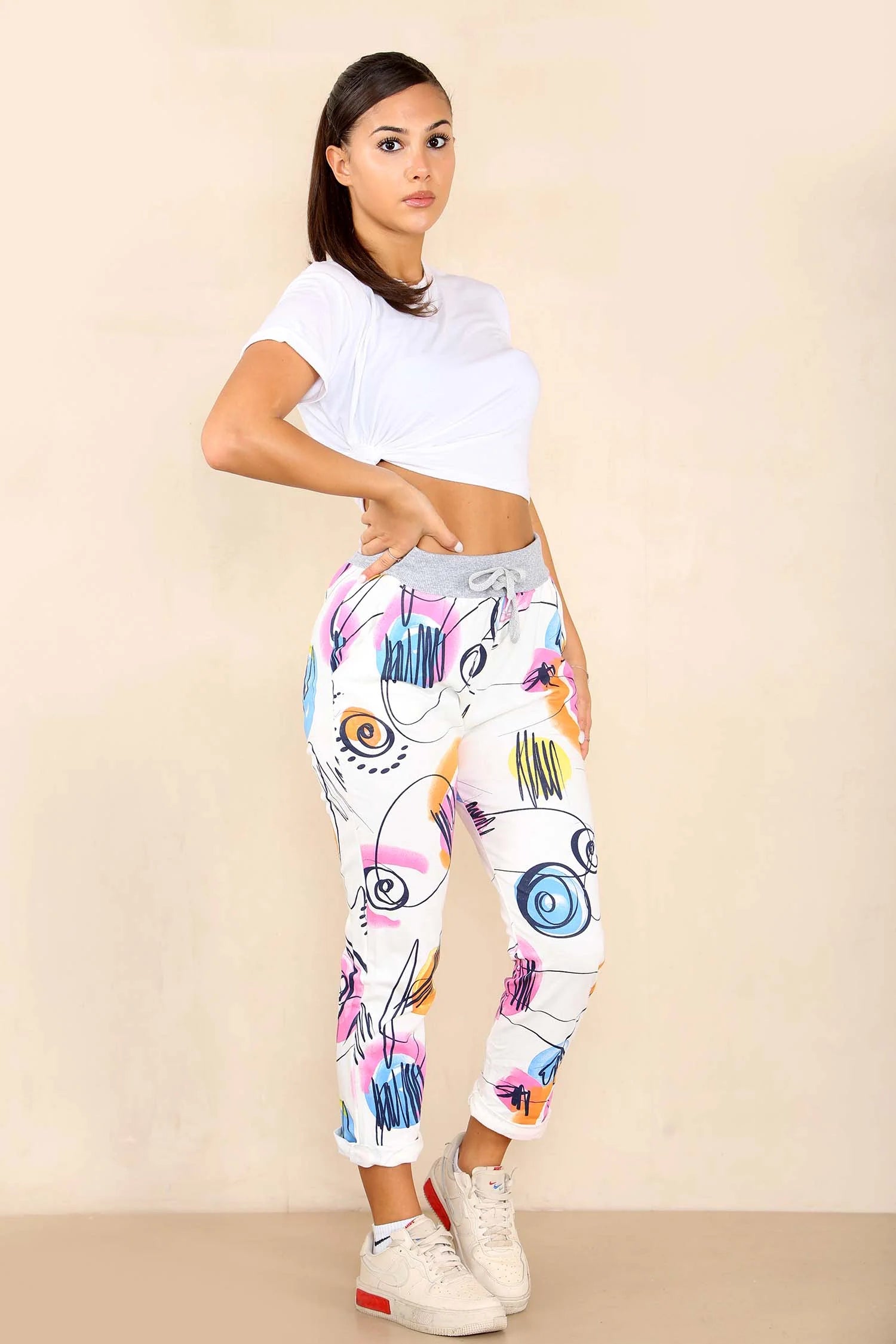 Italian Abstract Paint Print Drawstring Cotton Joggers Trouser WearAll
