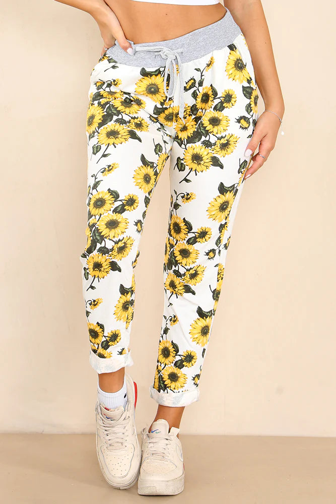 Italian Sunflower Print Drawstring Cotton Joggers Trouser WearAll