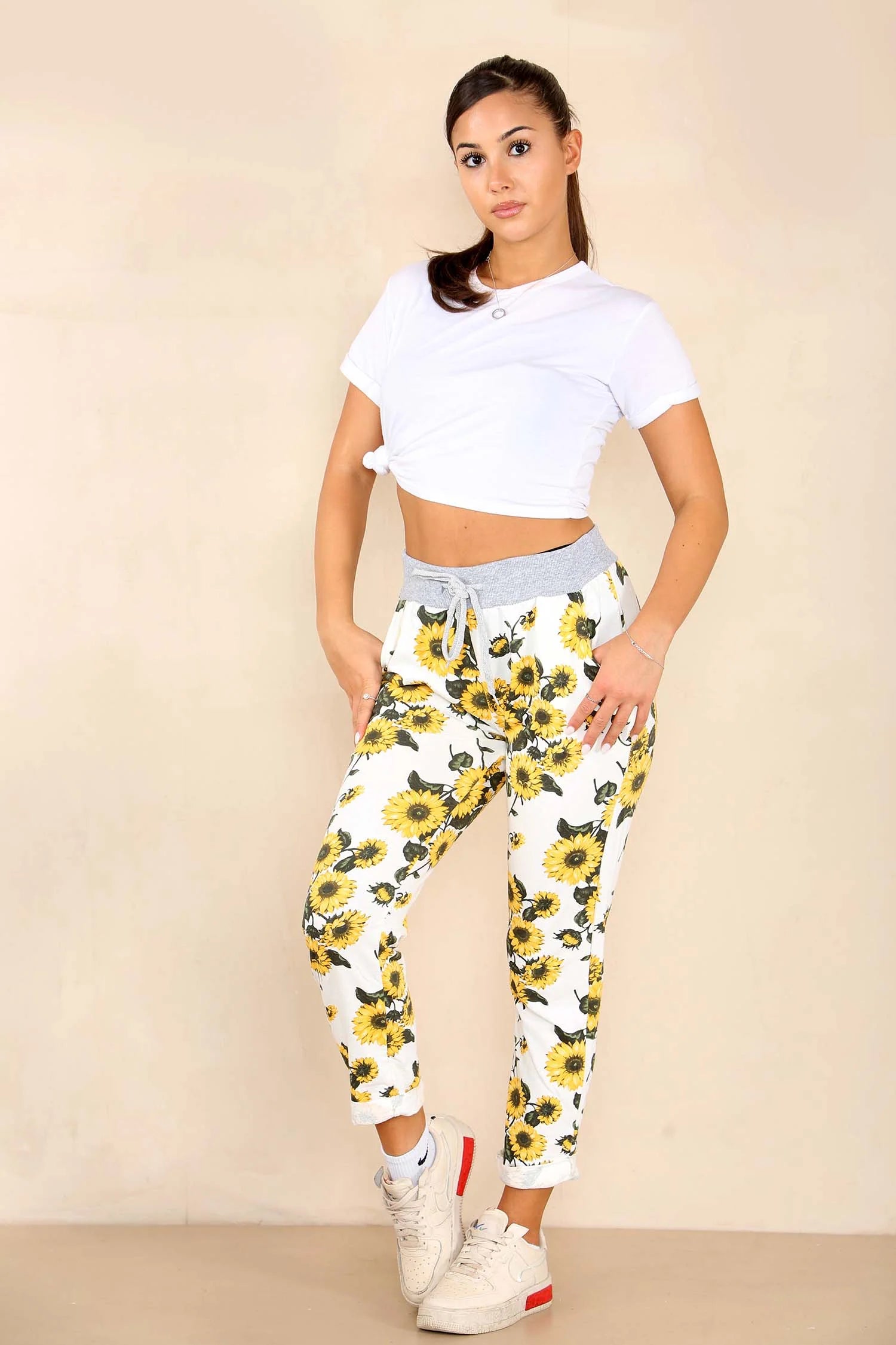 Italian Sunflower Print Drawstring Cotton Joggers Trouser WearAll
