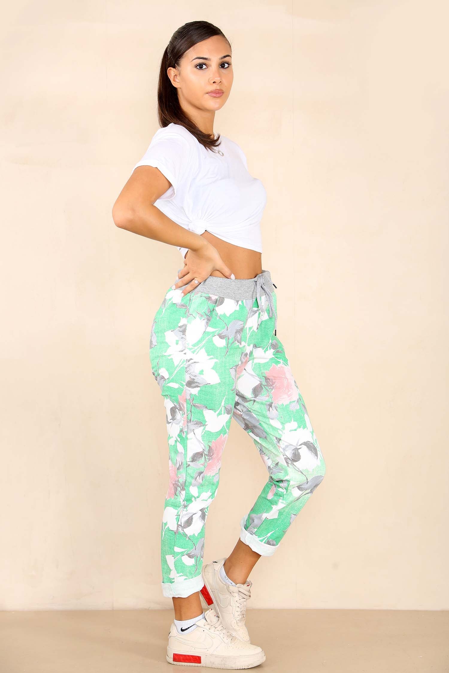 Italian Rose Flower Print Drawstring Cotton Joggers Trousers WearAll