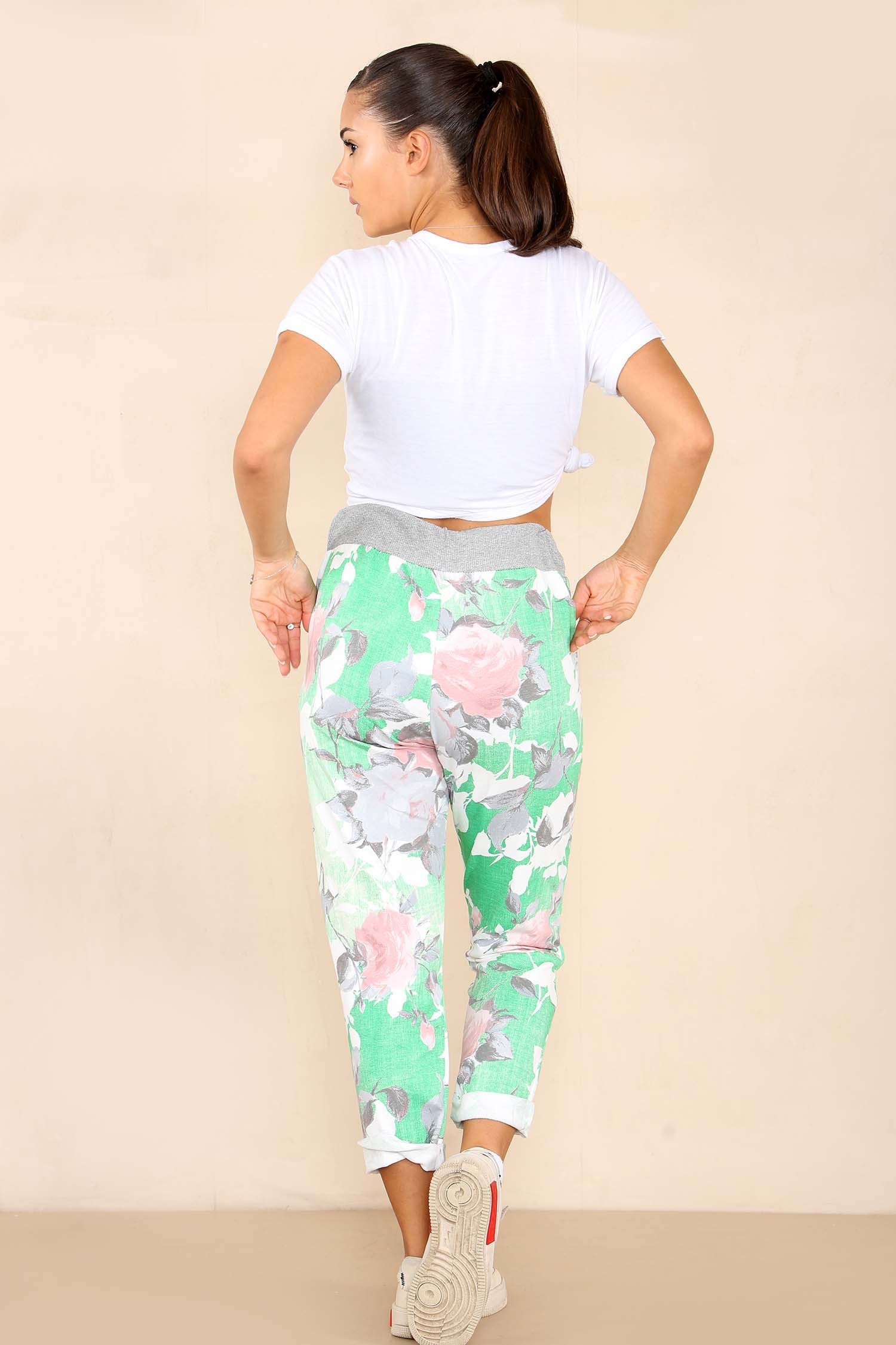 Plus Size Italian Rose Flower Print Drawstring Cotton Joggers Trousers WearAll